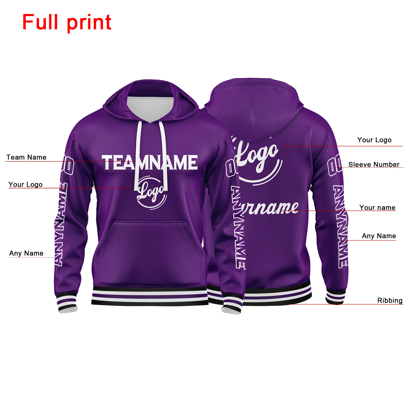 Custom Purple Hoodie Personalized Mens Pullover Hoodie Printed Team Name Number Logo for Women