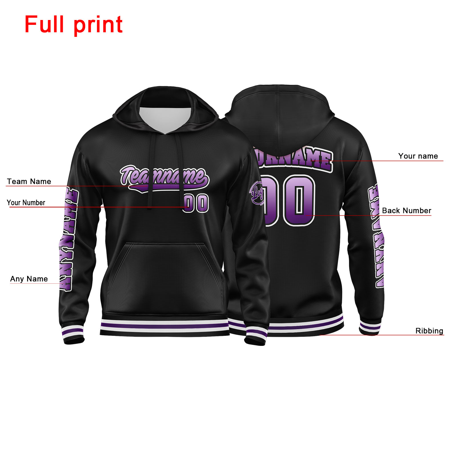 Custom Purple Black  Hoodie Personalized Mens Pullover Hoodie Printed Team Name Number Logo for Women