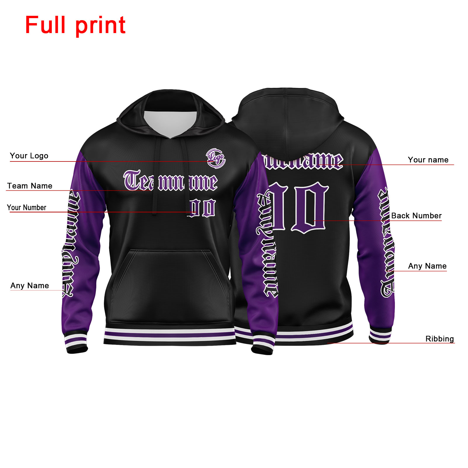 Custom Purple Black  Hoodie Personalized Mens Pullover Hoodie Printed Team Name Number Logo for Women