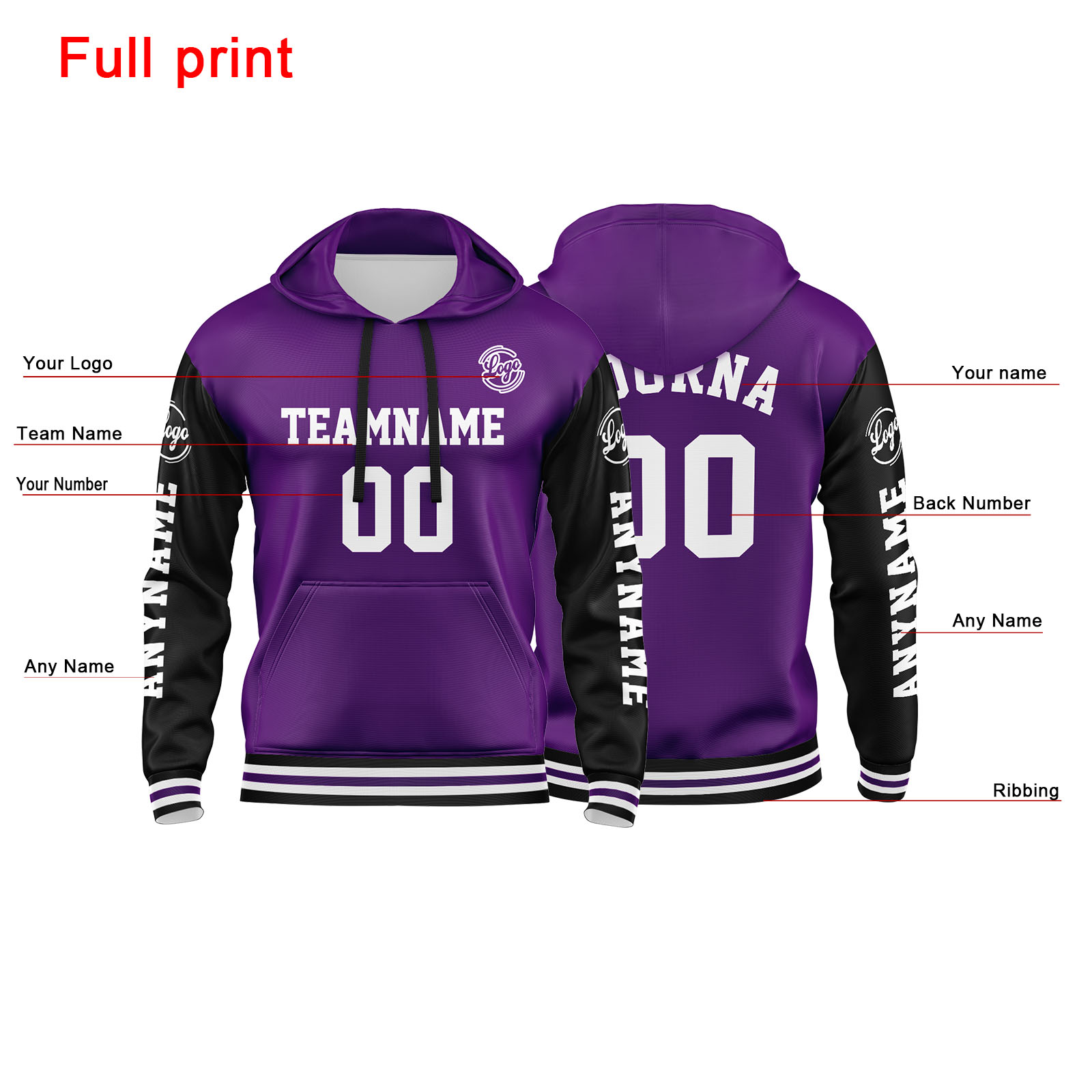 Custom Purple Black  Hoodie Personalized Mens Pullover Hoodie Printed Team Name Number Logo for Women