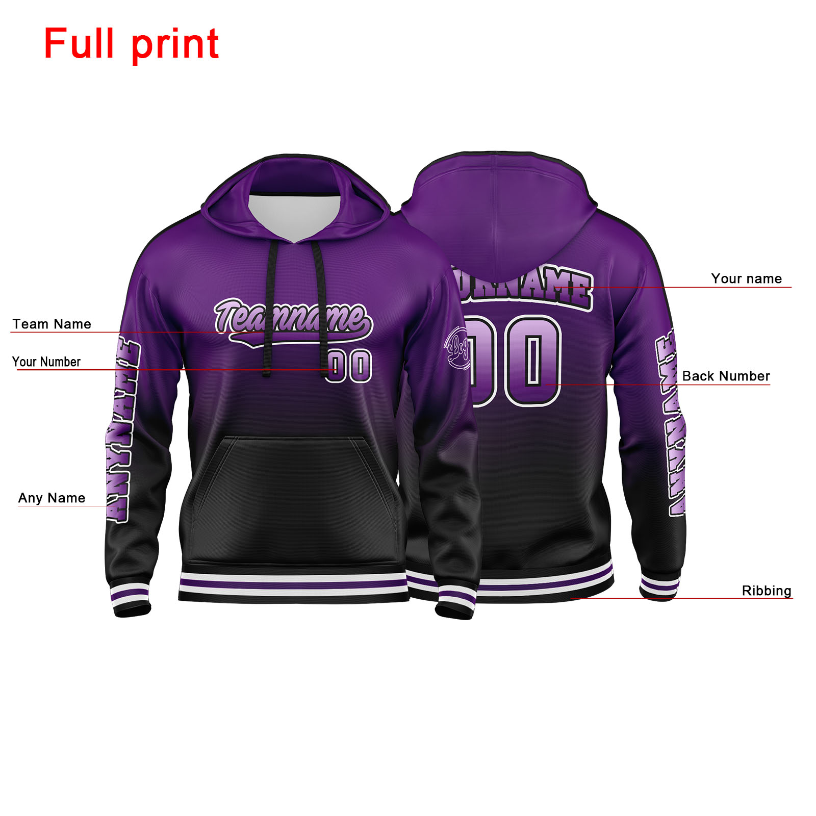 Custom Purple Black  Hoodie Personalized Mens Pullover Hoodie Printed Team Name Number Logo for Women