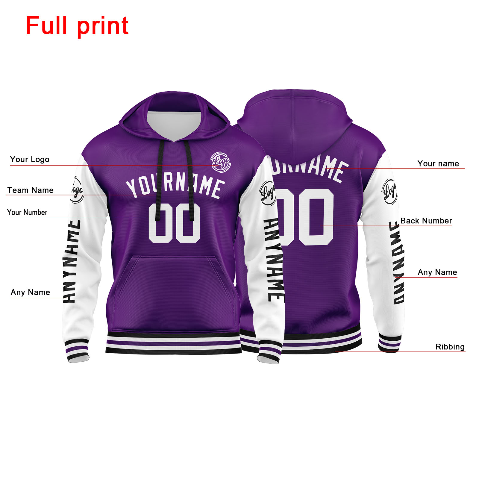 Custom Purple White Hoodie Personalized Mens Pullover Hoodie Printed Team Name Number Logo for Women