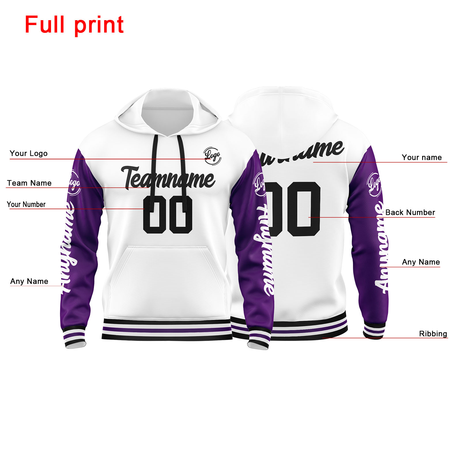 Custom Purple White Hoodie Personalized Mens Pullover Hoodie Printed Team Name Number Logo for Women
