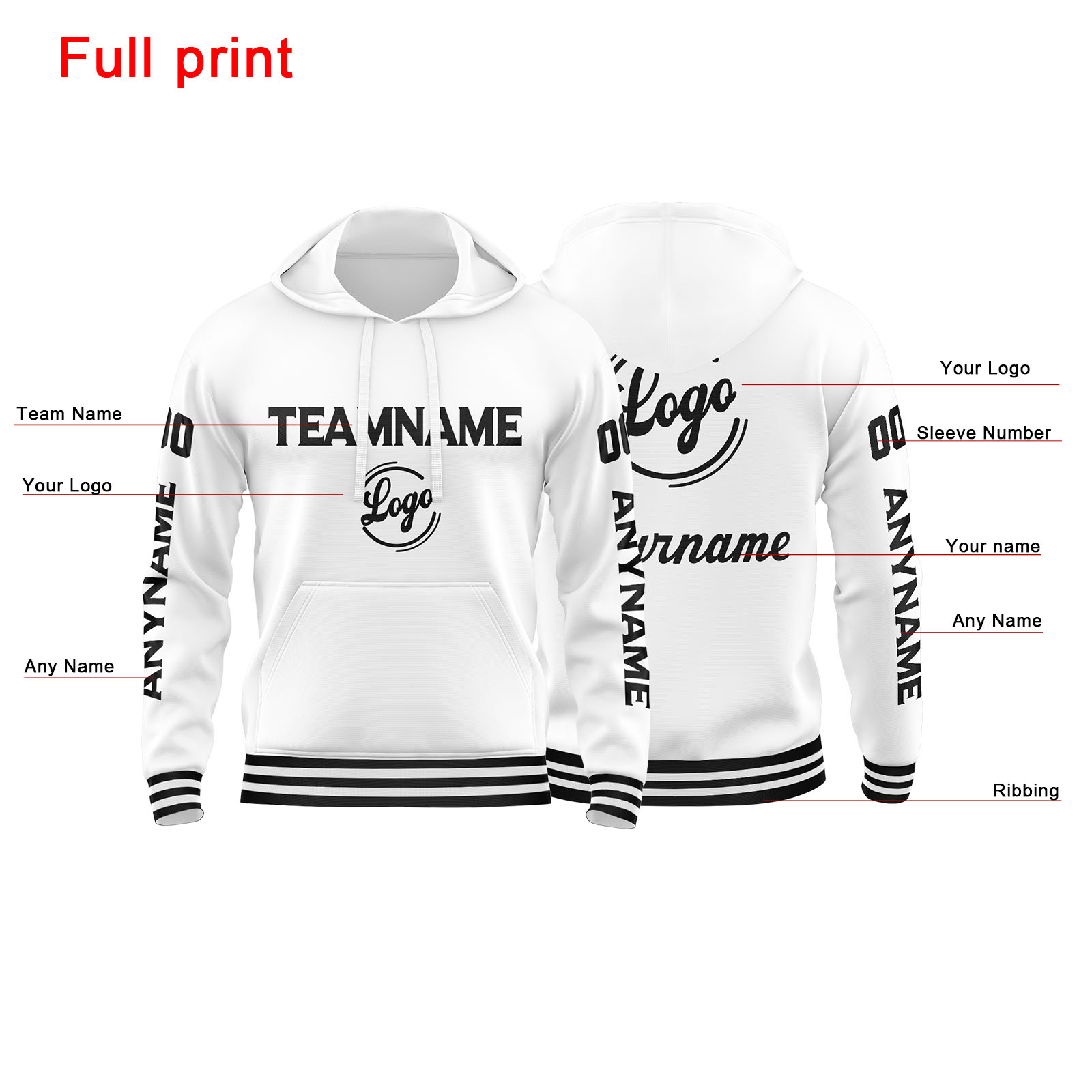 Custom White Hoodie Personalized Mens Pullover Hoodie Printed Team Name Number Logo for Women