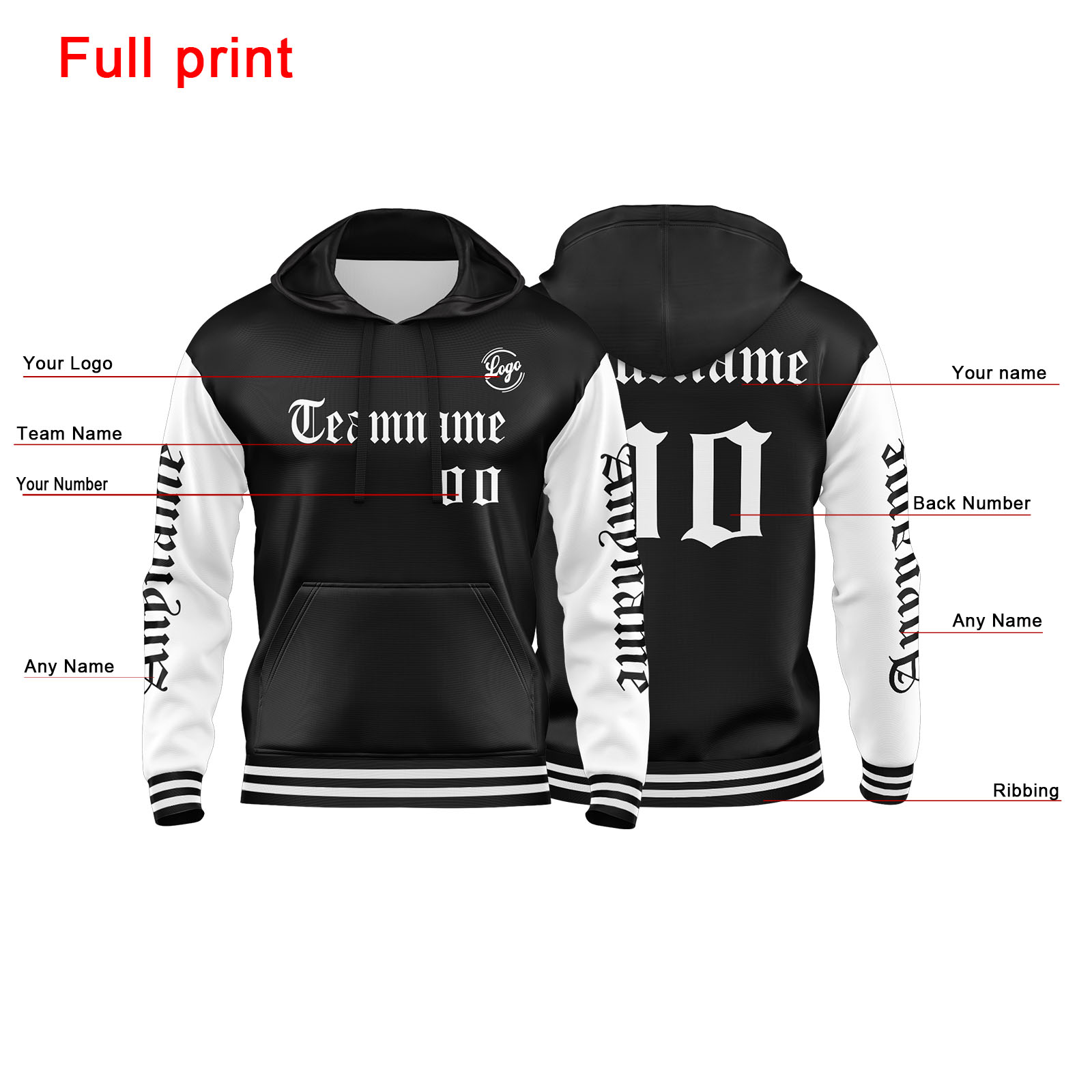 Custom White Black Hoodie Personalized Mens Pullover Hoodie Printed Team Name Number Logo for Women