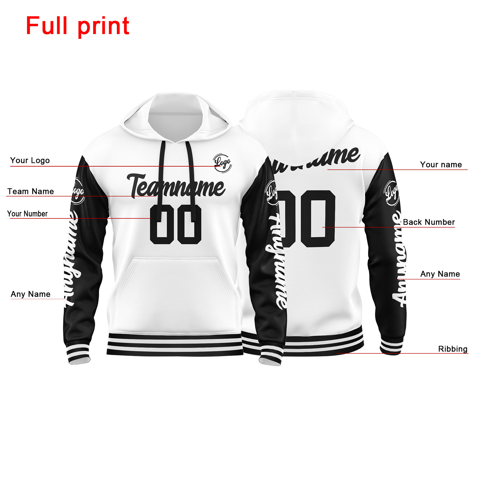 Custom White Black Hoodie Personalized Mens Pullover Hoodie Printed Team Name Number Logo for Women