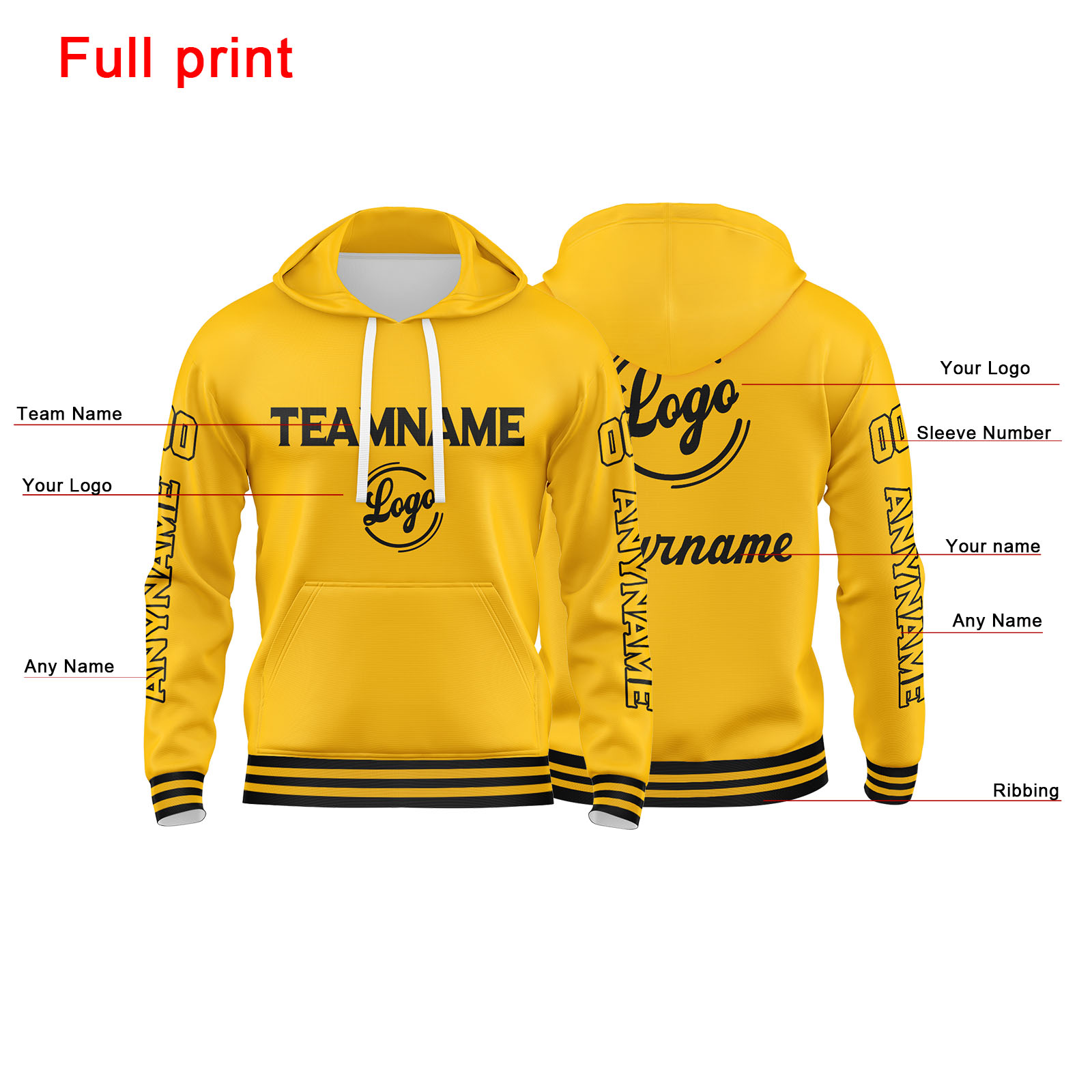 Custom Yellow Hoodie Personalized Mens Pullover Hoodie Printed Team Name Number Logo for Women