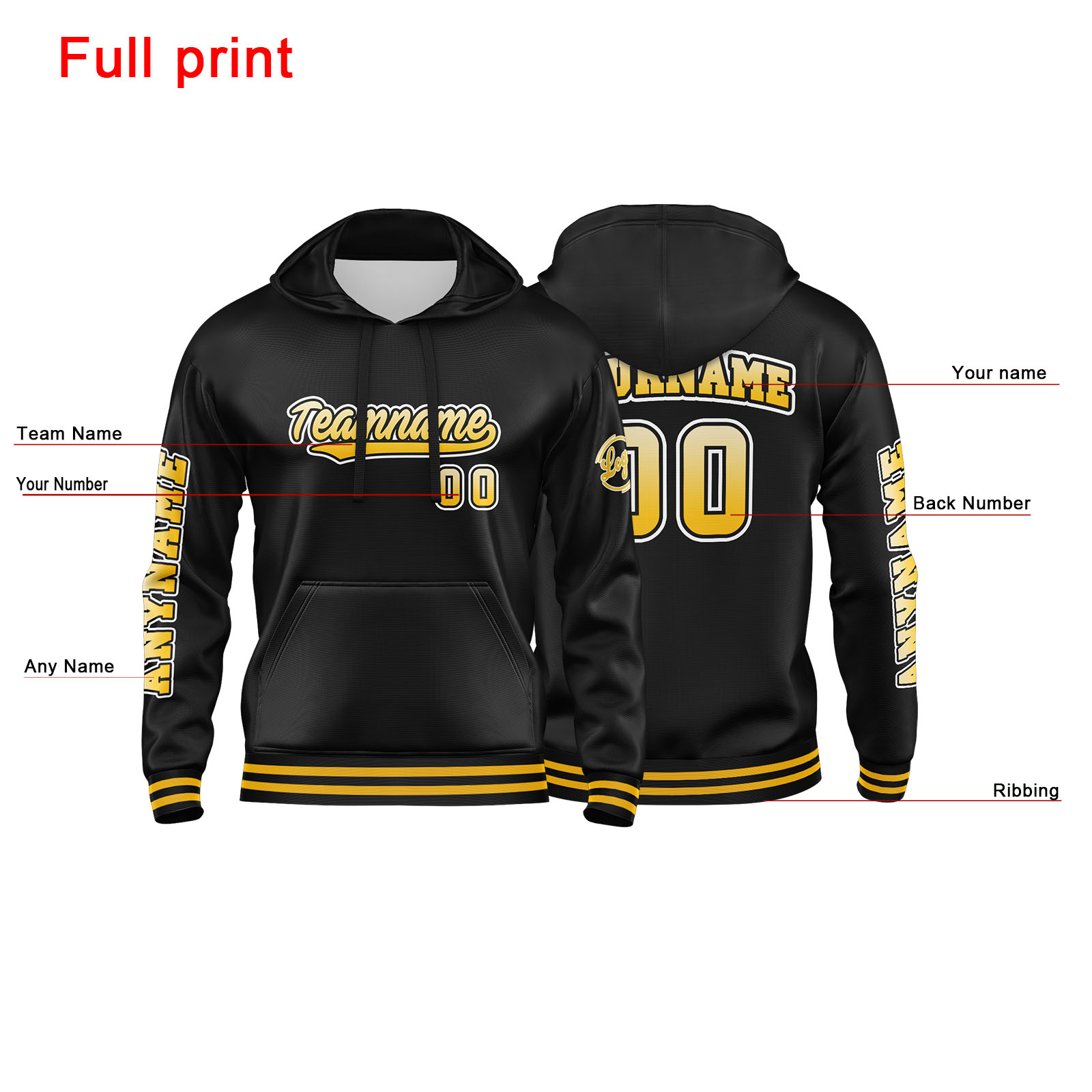 Custom Yellow Black Hoodie Personalized Mens Pullover Hoodie Printed Team Name Number Logo for Women