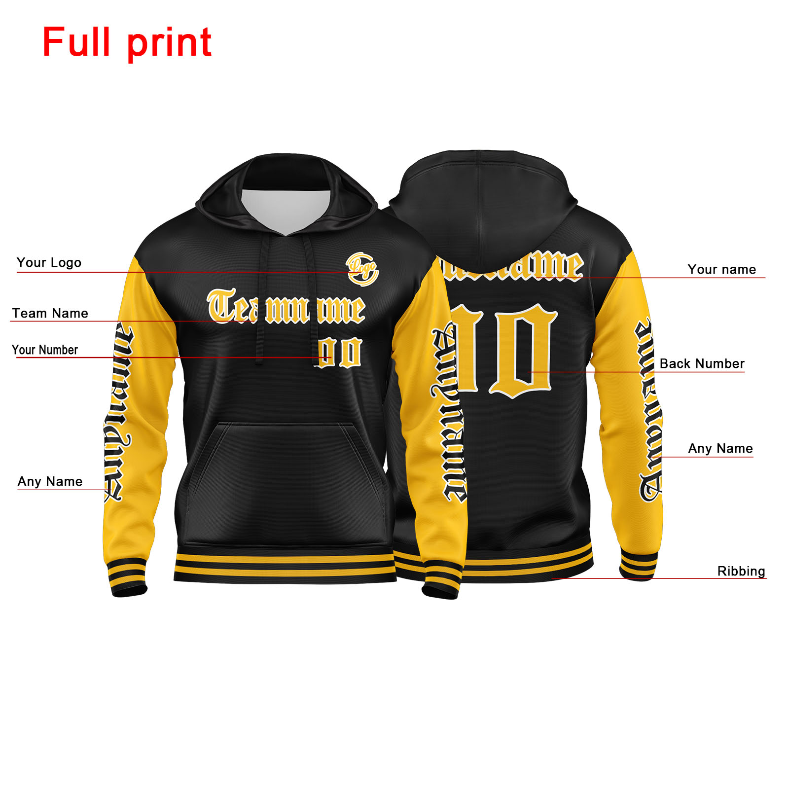 Custom Yellow Black Hoodie Personalized Mens Pullover Hoodie Printed Team Name Number Logo for Women