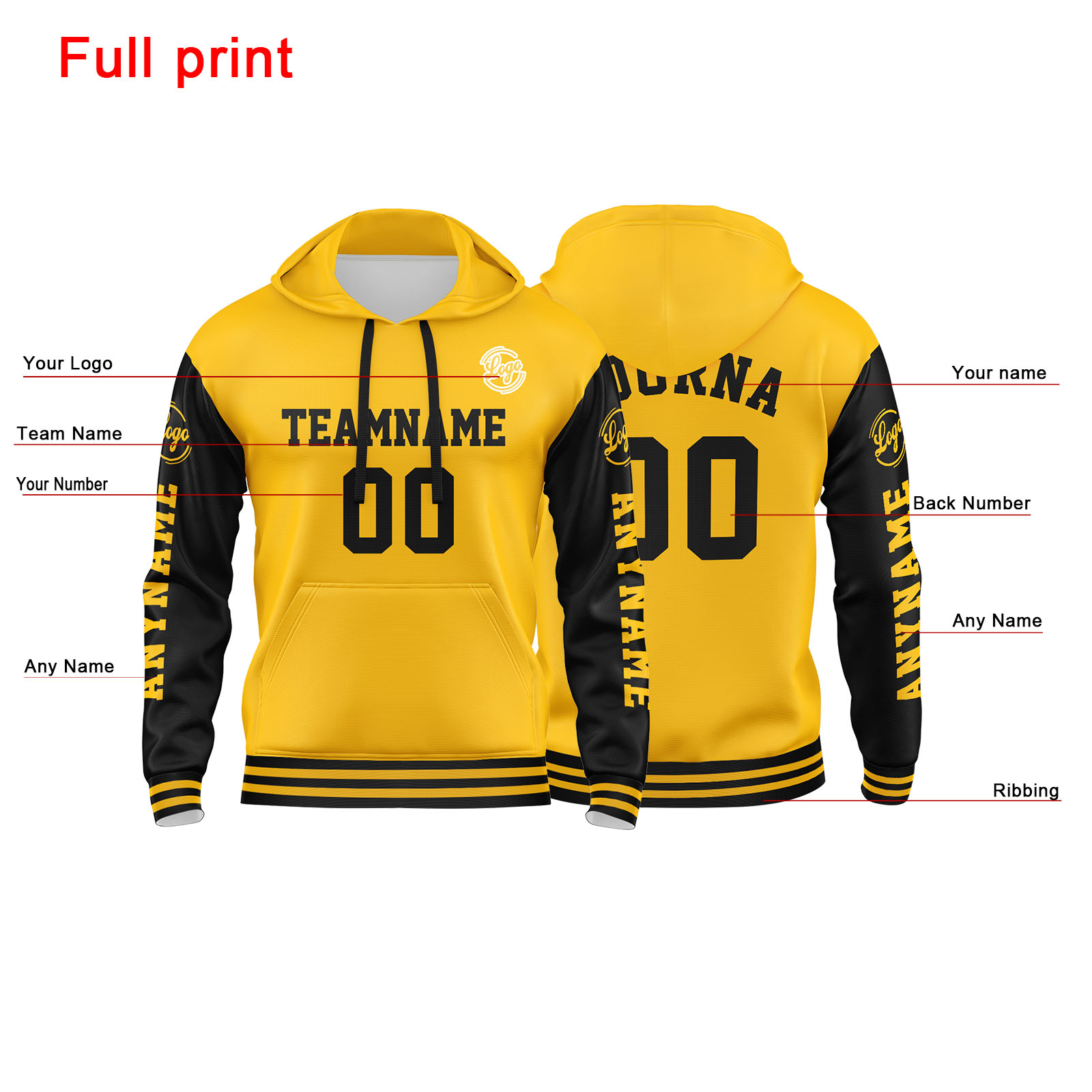 Custom Yellow Black Hoodie Personalized Mens Pullover Hoodie Printed Team Name Number Logo for Women