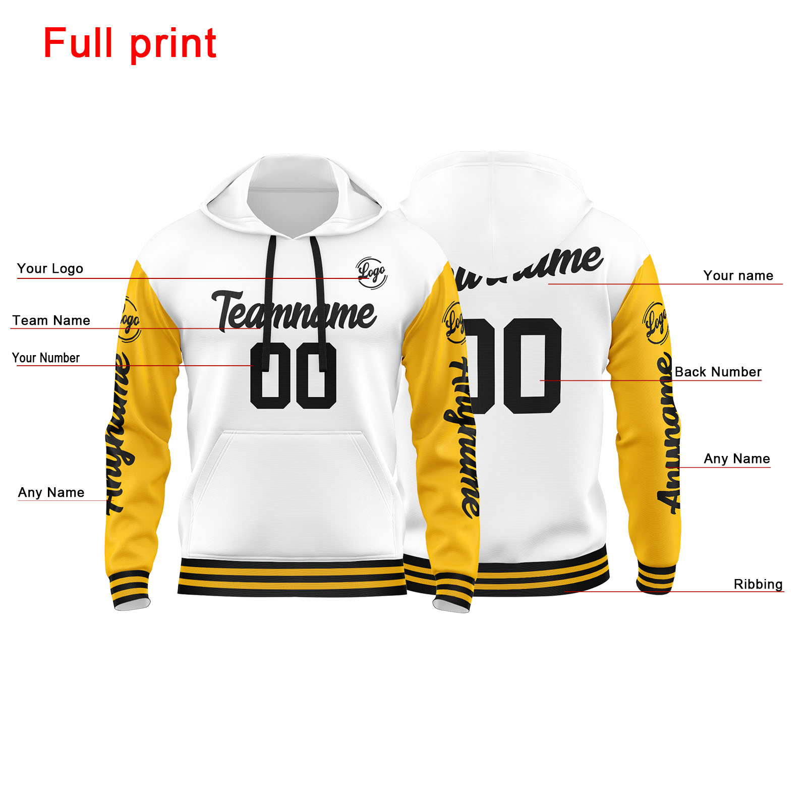 Custom Yellow White Hoodie Personalized Mens Pullover Hoodie Printed Team Name Number Logo for Women