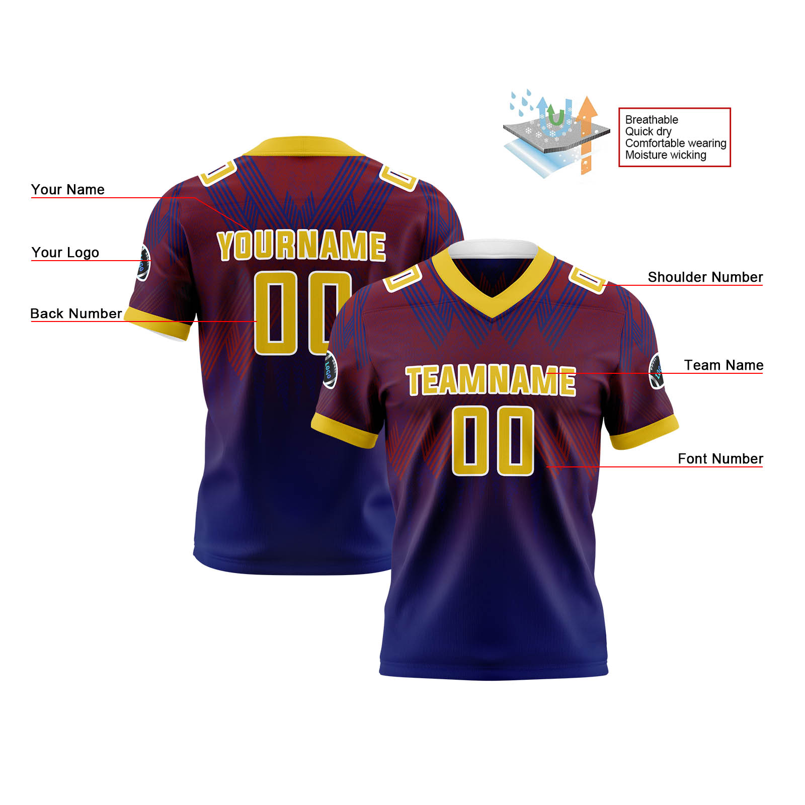 Custom Blue Purple Yellow Reversible Football Jersey Personalized Gradient Football Shirts for Men Printed Team Name Number Logo