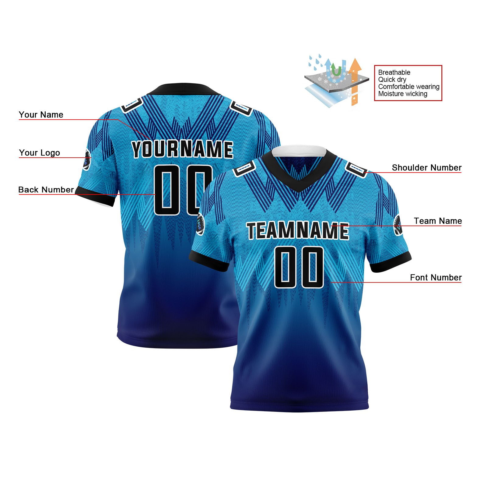 Custom Blue White Reversible Football Jersey Personalized Gradient Football Shirts for Men Printed Team Name Number Logo