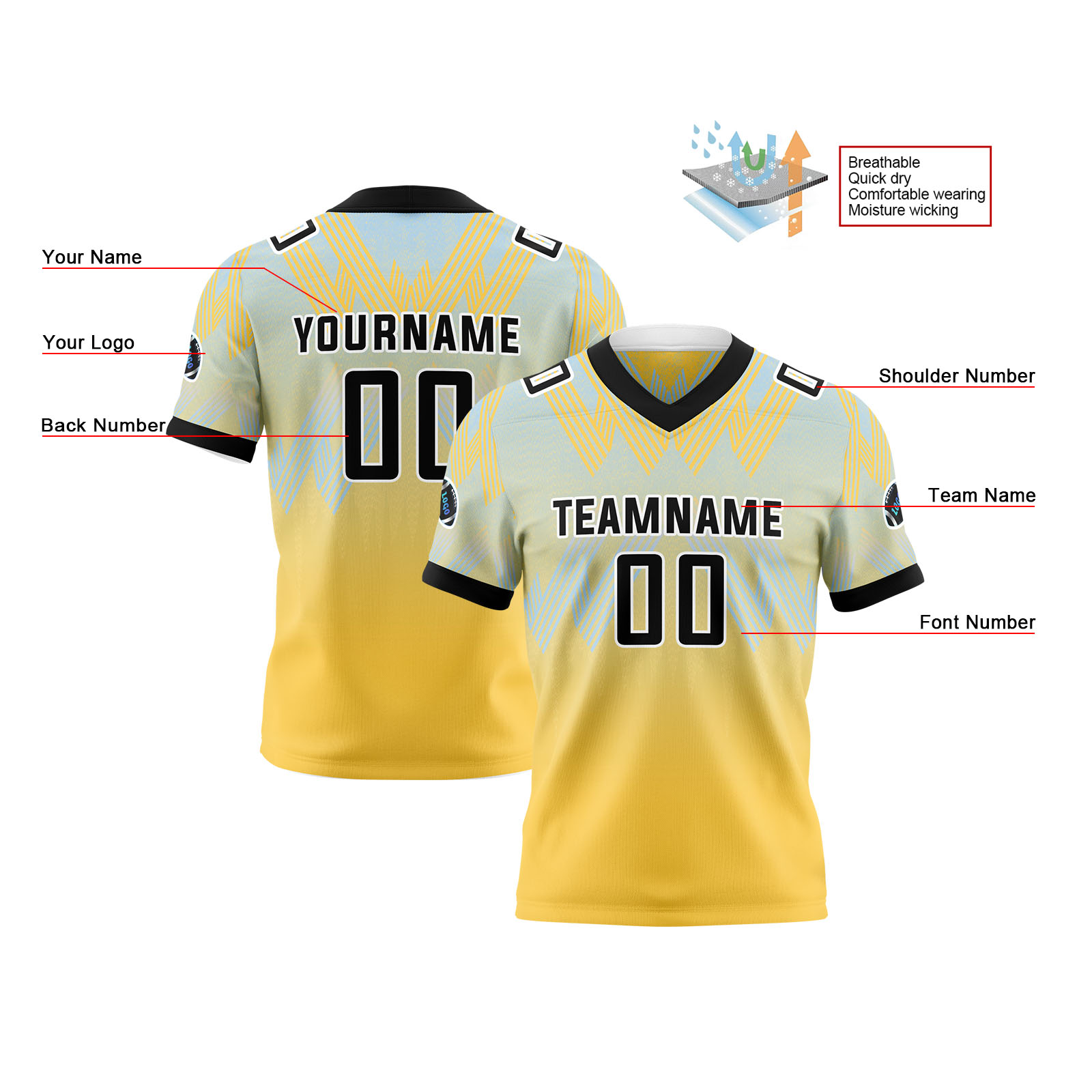 Custom Blue Yellow Reversible Football Jersey Personalized Gradient Football Shirts for Men Printed Team Name Number Logo