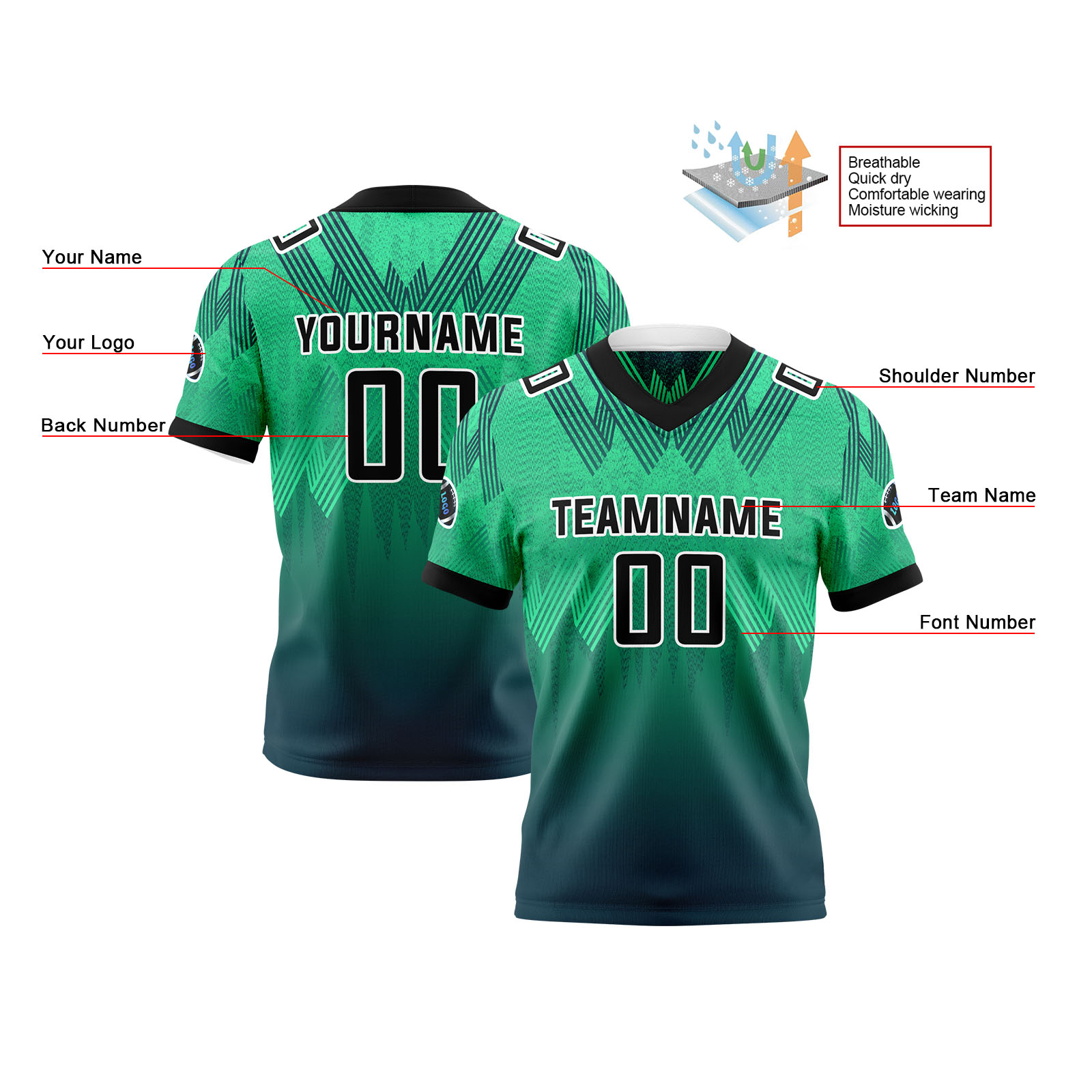Custom Green Black Reversible Football Jersey Personalized Gradient Football Shirts for Men Printed Team Name Number Logo
