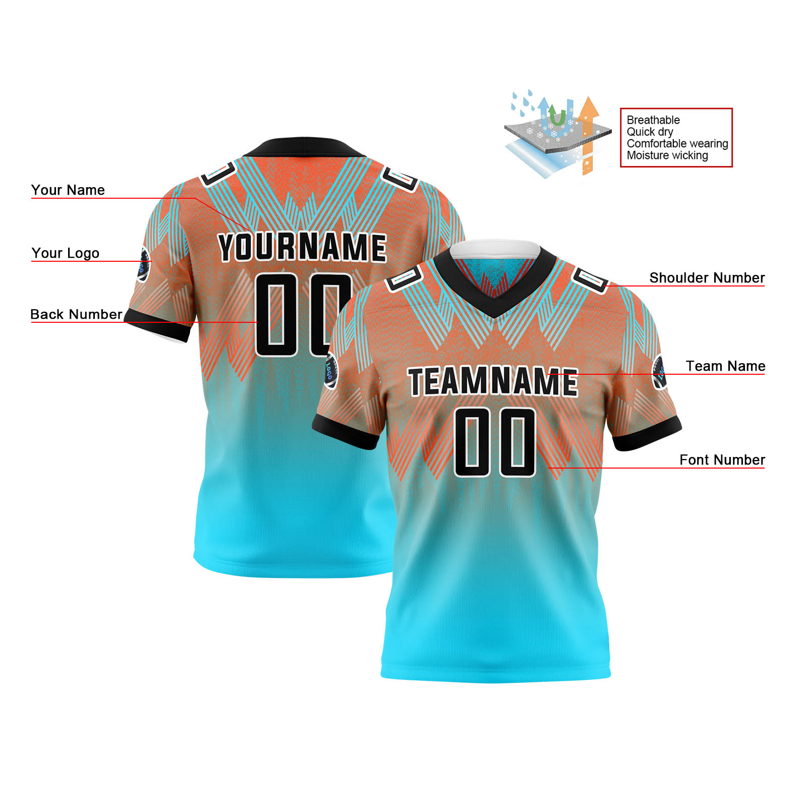 Custom Orange Blue Reversible Football Jersey Personalized Gradient Football Shirts for Men Printed Team Name Number Logo