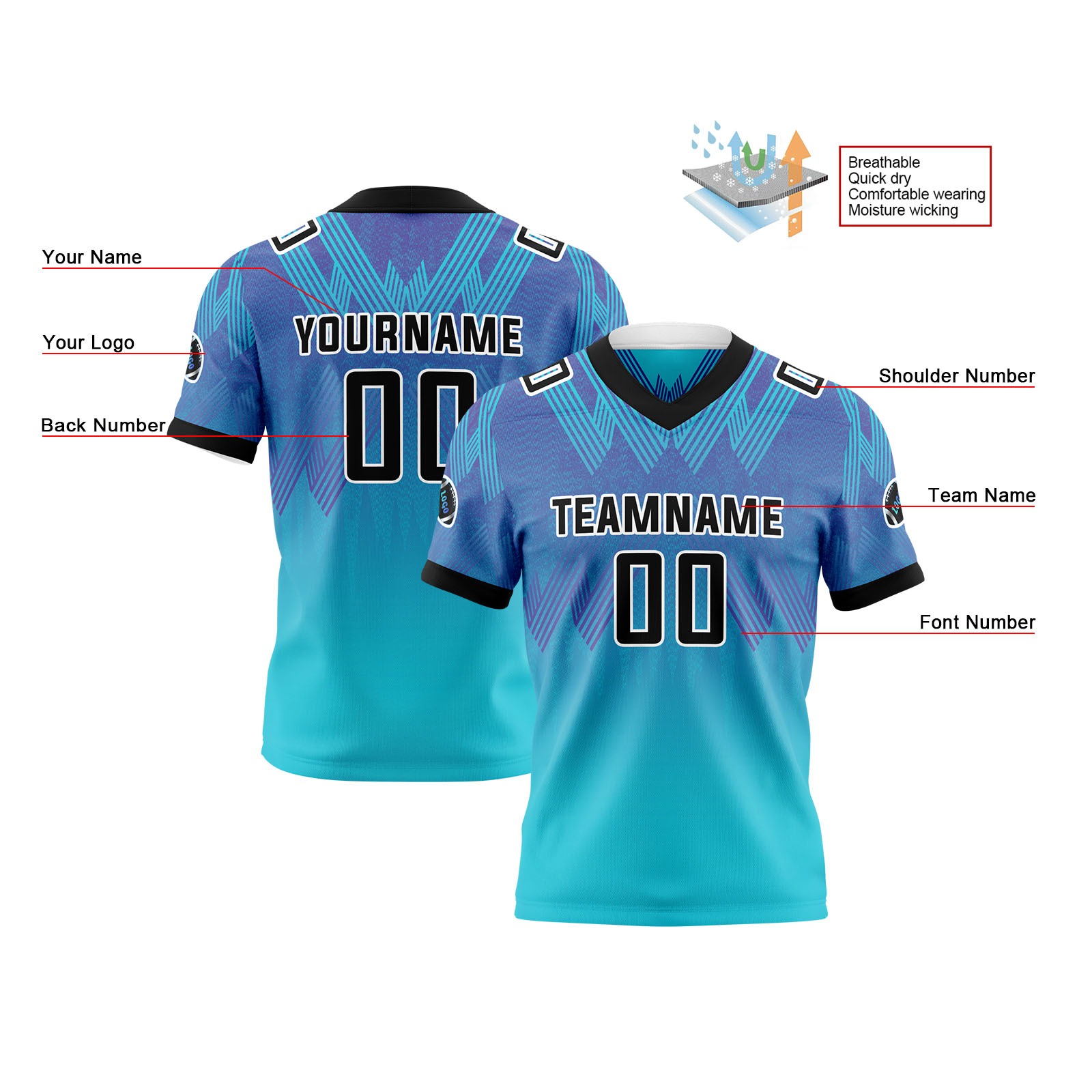 Custom Purple Blue Black Reversible Football Jersey Personalized Gradient Football Shirts for Men Printed Team Name Number Logo