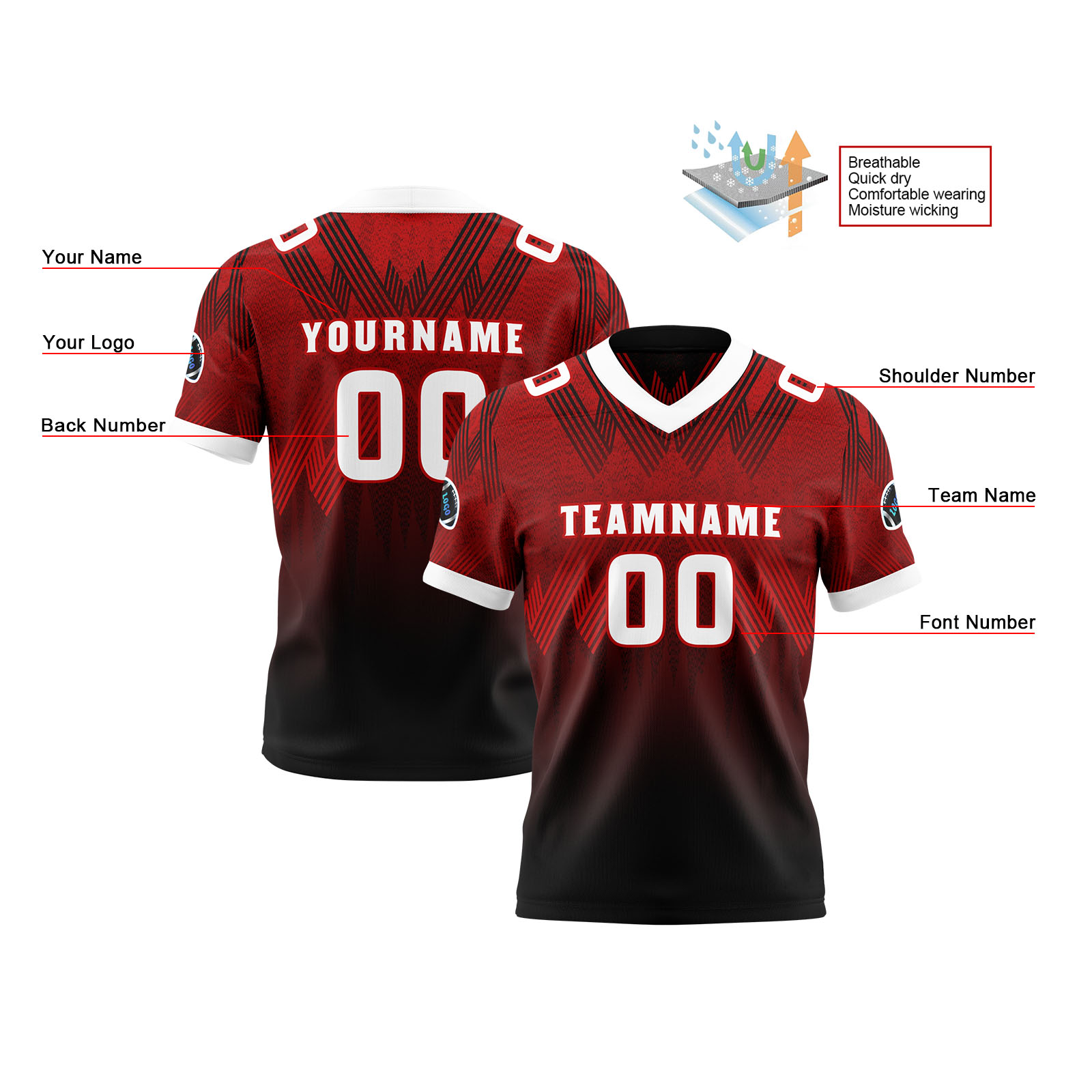 Custom Red Black Reversible Football Jersey Personalized Gradient Football Shirts for Men Printed Team Name Number Logo
