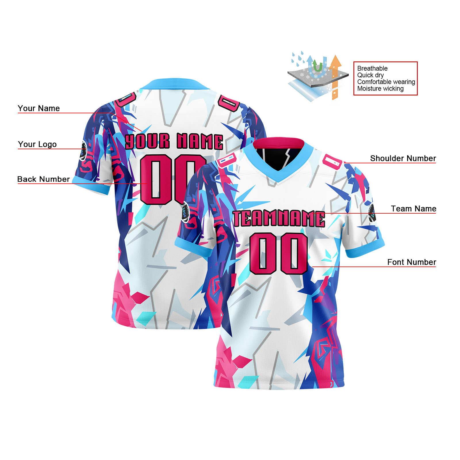 Custom Blue Powder Reversible Football Jersey Personalized Gradient Football Shirts for Men Printed Team Name Number Logo