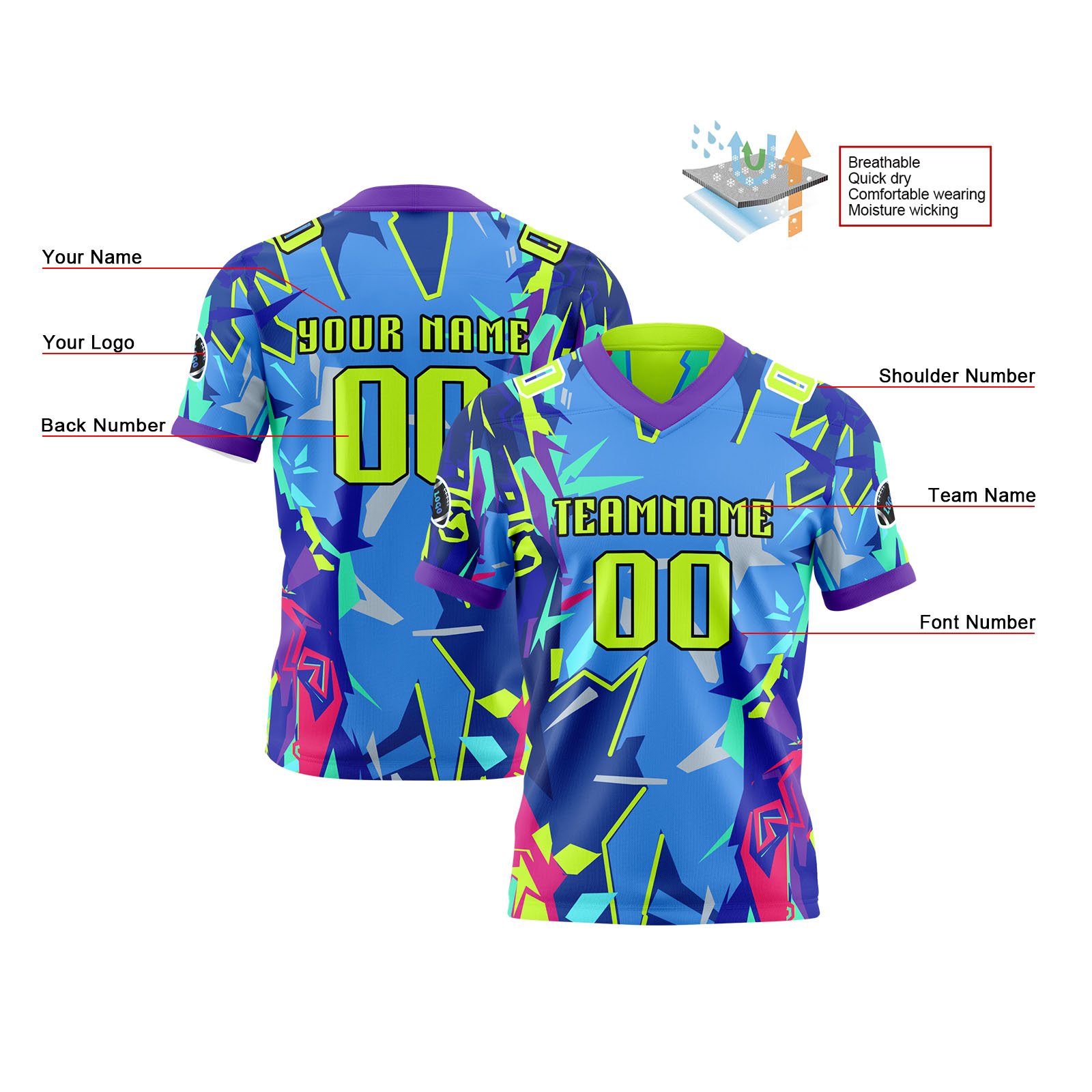 Custom Green Blue Reversible Football Jersey Personalized Gradient Football Shirts for Men Printed Team Name Number Logo