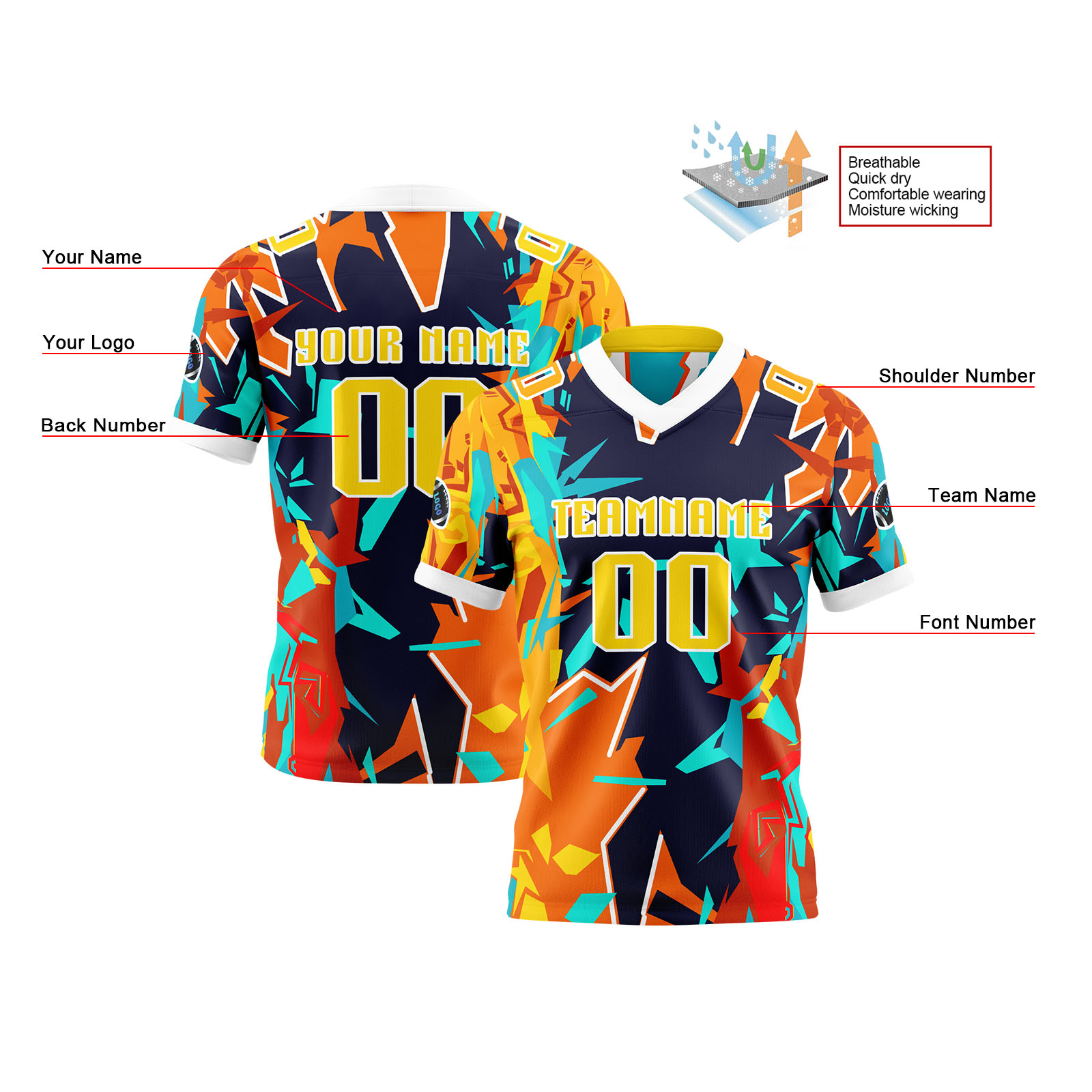 Custom Orange Blue Reversible Football Jersey Personalized Gradient Football Shirts for Men Printed Team Name Number Logo