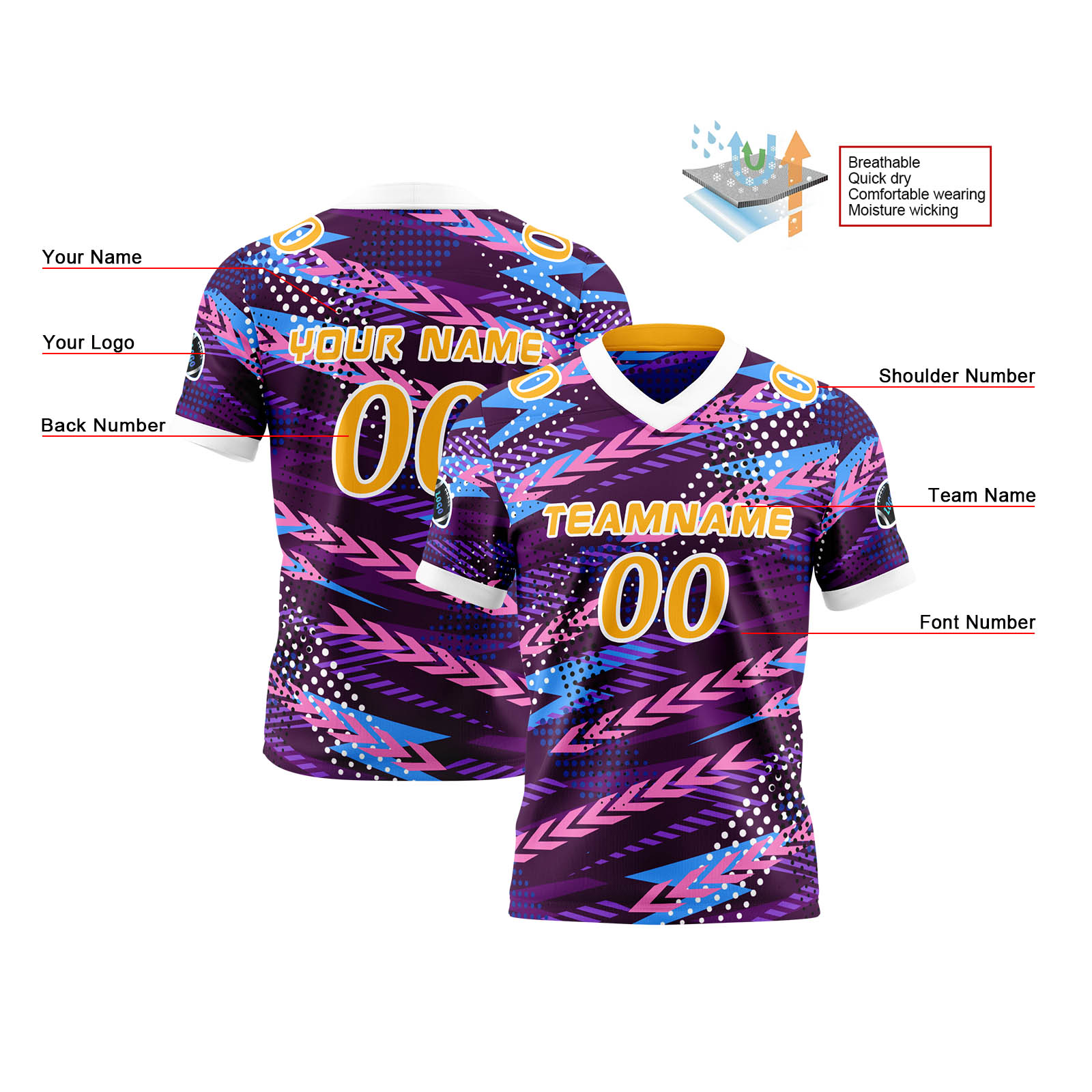 Custom Purple Yellow Reversible Football Jersey Personalized Gradient Football Shirts for Men Printed Team Name Number Logo