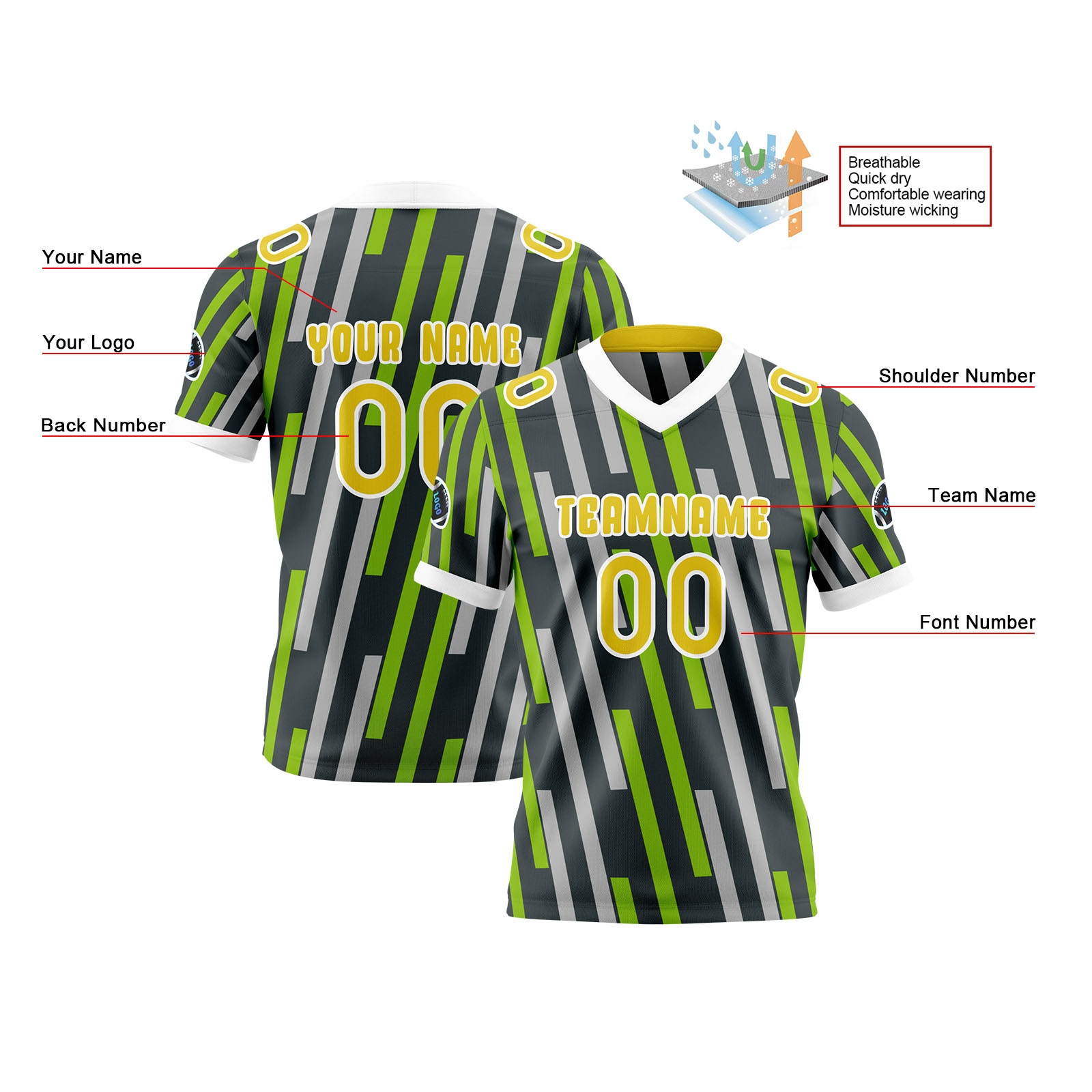 Custom Green Yellow Reversible Football Jersey Personalized Gradient Football Shirts for Men Printed Team Name Number Logo