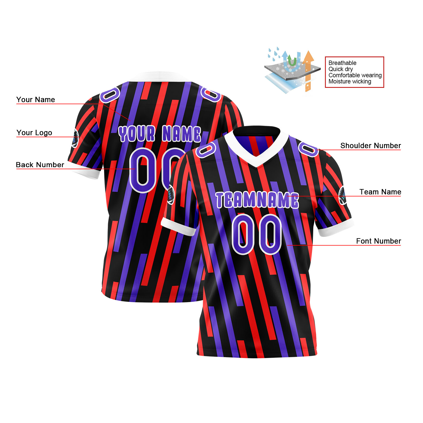 Custom Red Purple Reversible Football Jersey Personalized Gradient Football Shirts for Men Printed Team Name Number Logo