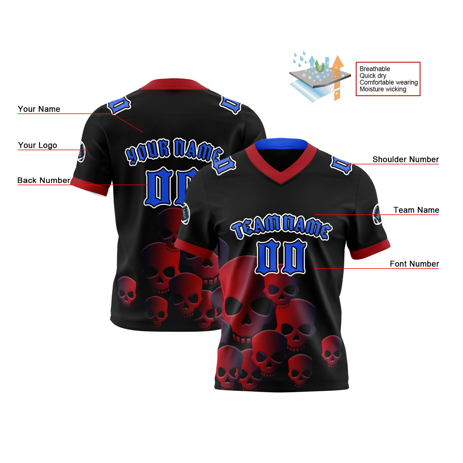 Custom Black Blue Reversible Football Jersey Personalized Gradient Football Shirts for Men Printed Team Name Number Logo