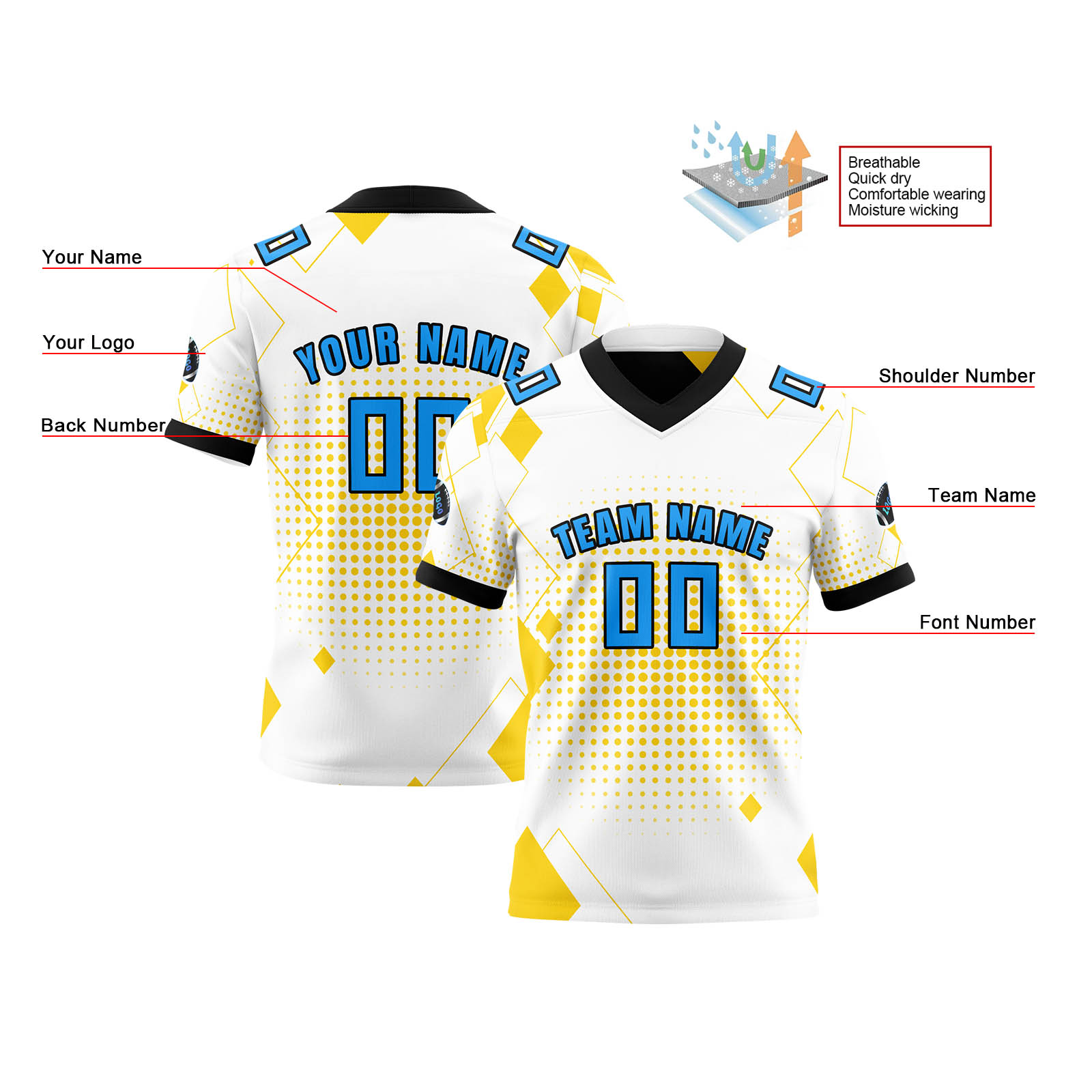 Custom White Blue Reversible Football Jersey Personalized Gradient Football Shirts for Men Printed Team Name Number Logo