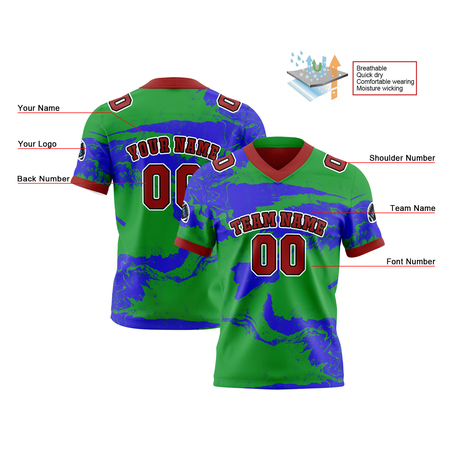 Custom Green Red Reversible Football Jersey Personalized Gradient Football Shirts for Men Printed Team Name Number Logo
