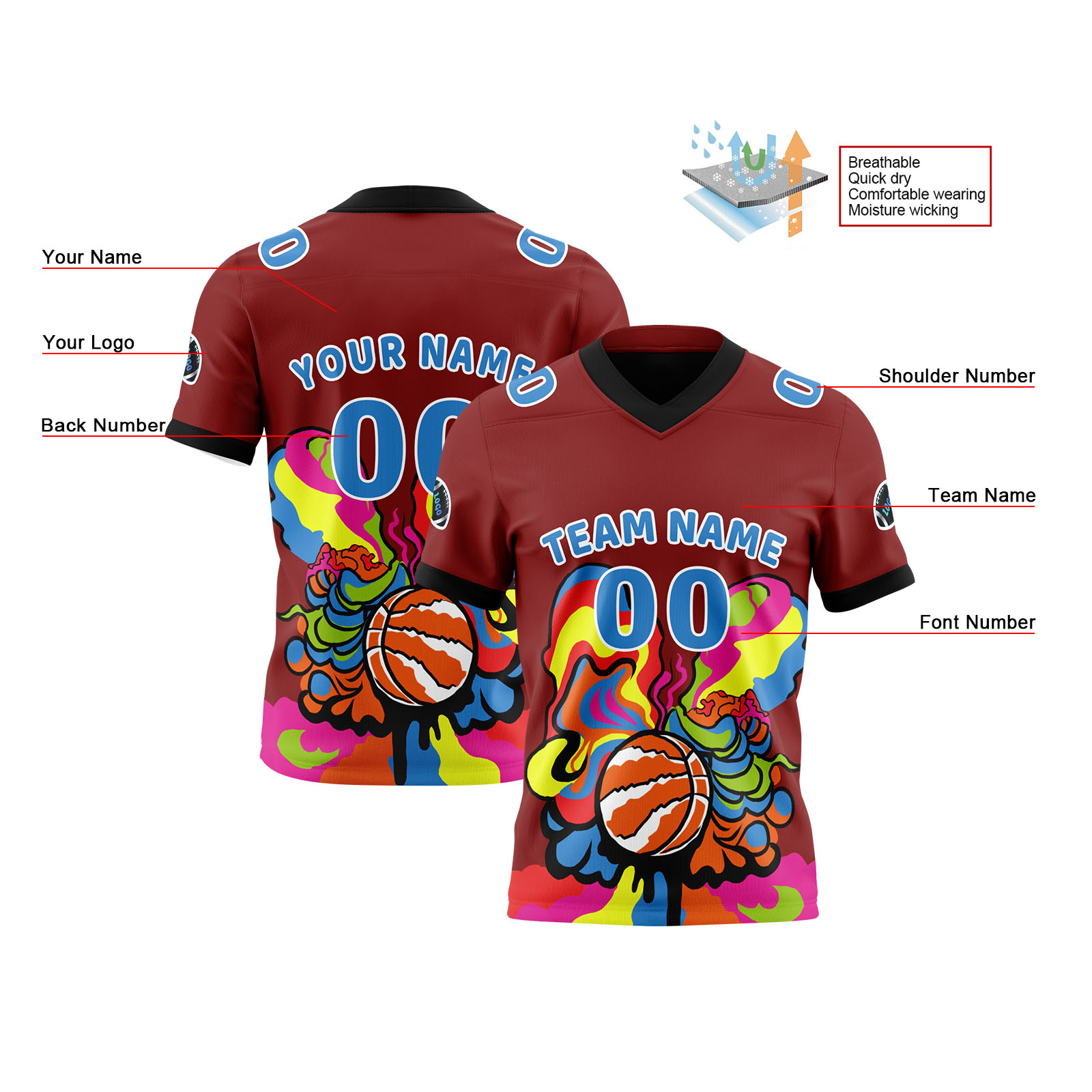 Custom Red Blue Reversible Football Jersey Personalized Gradient Football Shirts for Men Printed Team Name Number Logo