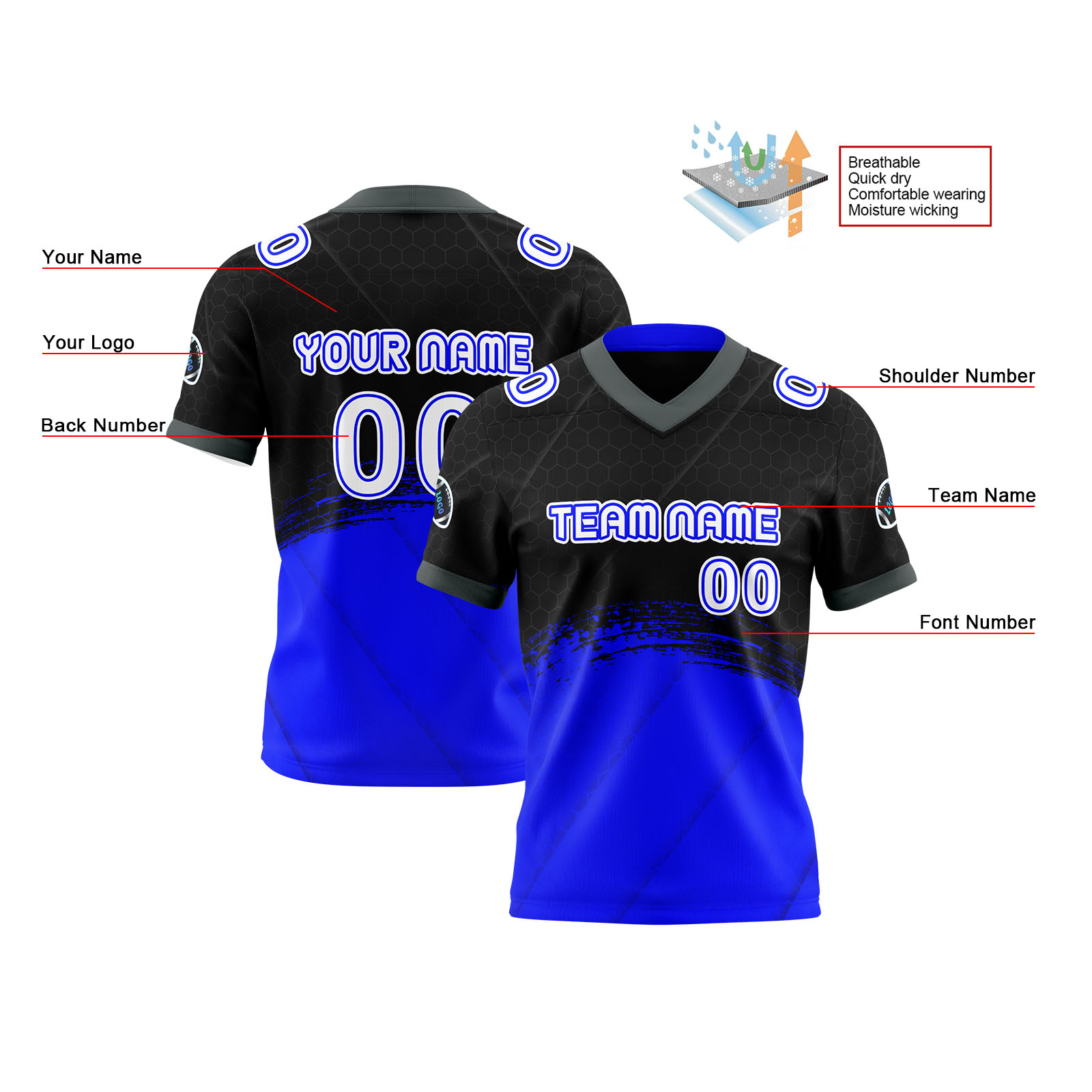 Custom Blue White Reversible Football Jersey Personalized Gradient Football Shirts for Men Printed Team Name Number Logo