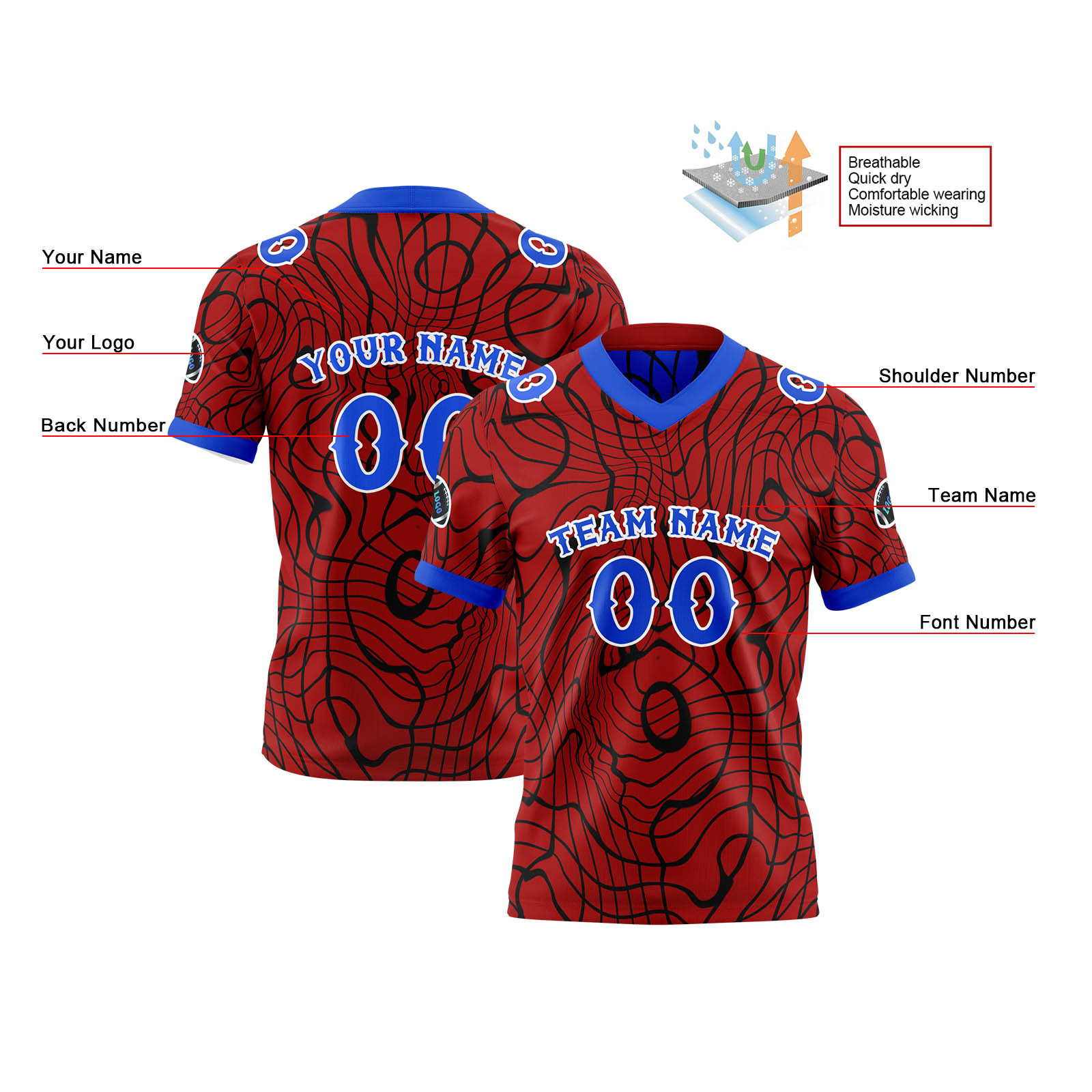 Custom Blue Red Reversible Football Jersey Personalized Gradient Football Shirts for Men Printed Team Name Number Logo