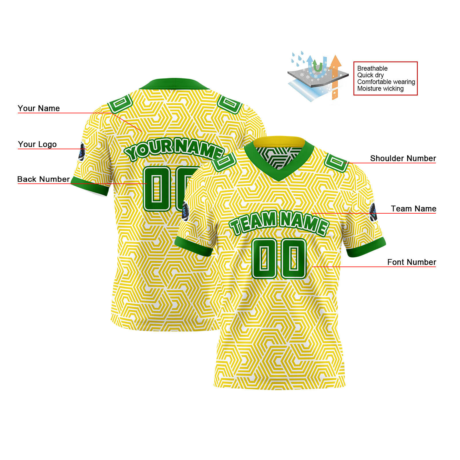 Custom Yellow Green Reversible Football Jersey Personalized Gradient Football Shirts for Men Printed Team Name Number Logo