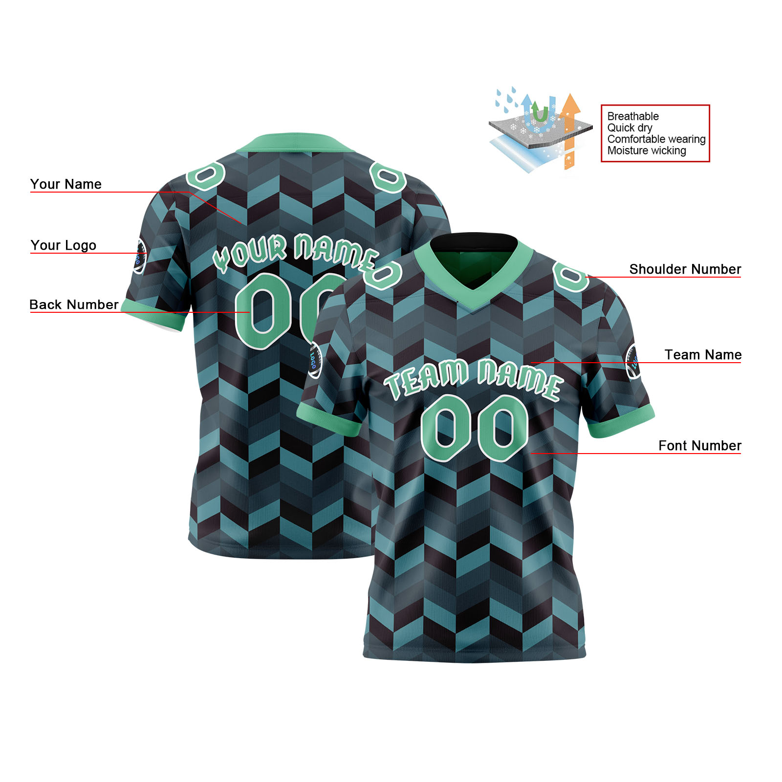 Custom Blue Green Reversible Football Jersey Personalized Gradient Football Shirts for Men Printed Team Name Number Logo