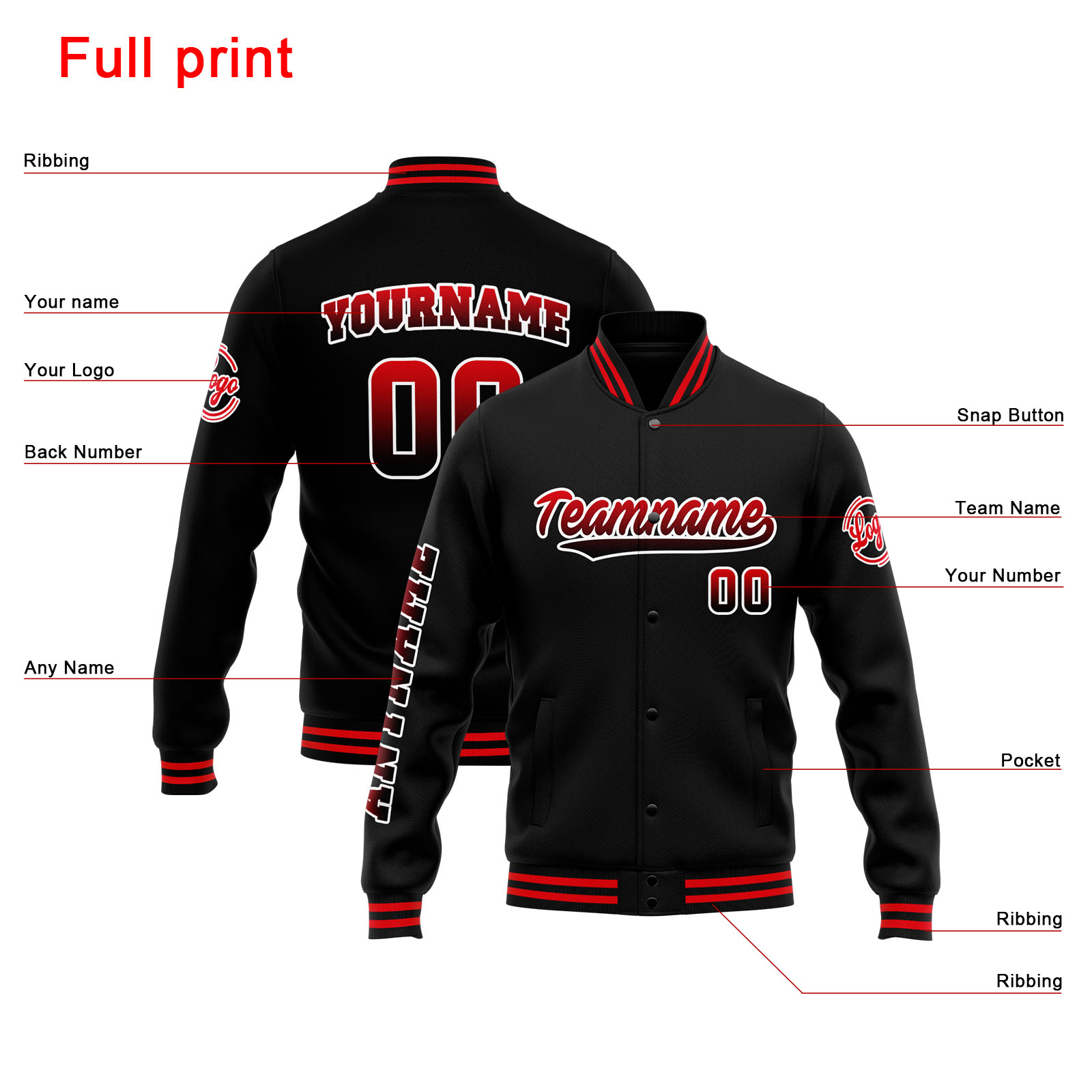 Custom Black Red Varsity Jacket for Men Women and Youth with Personalized Letterman Jacket 