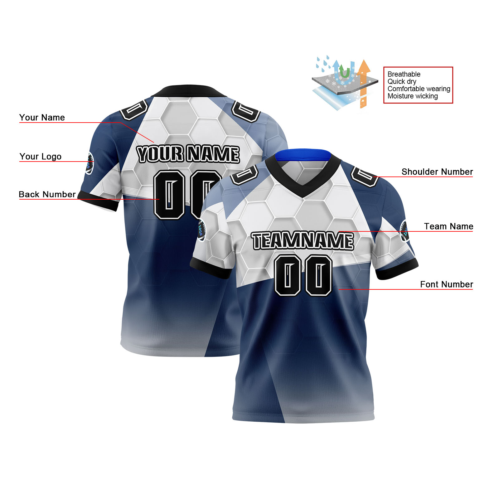 Custom Black Blue Reversible Football Jersey Personalized Gradient Football Shirts for Men Printed Team Name Number Logo