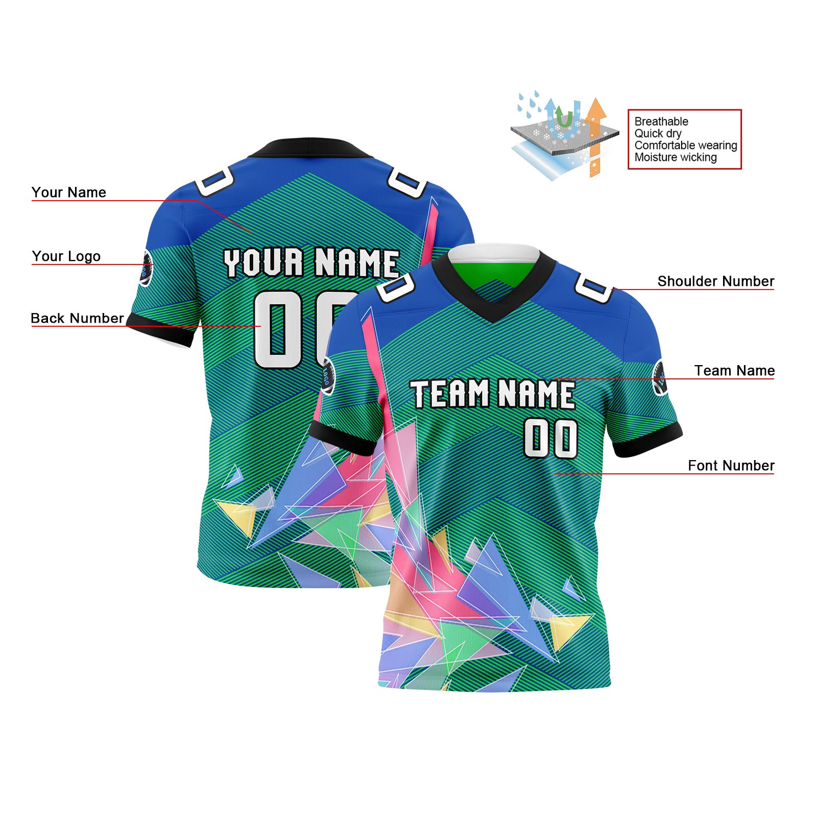 Custom Blue Green Reversible Football Jersey Personalized Gradient Football Shirts for Men Printed Team Name Number Logo