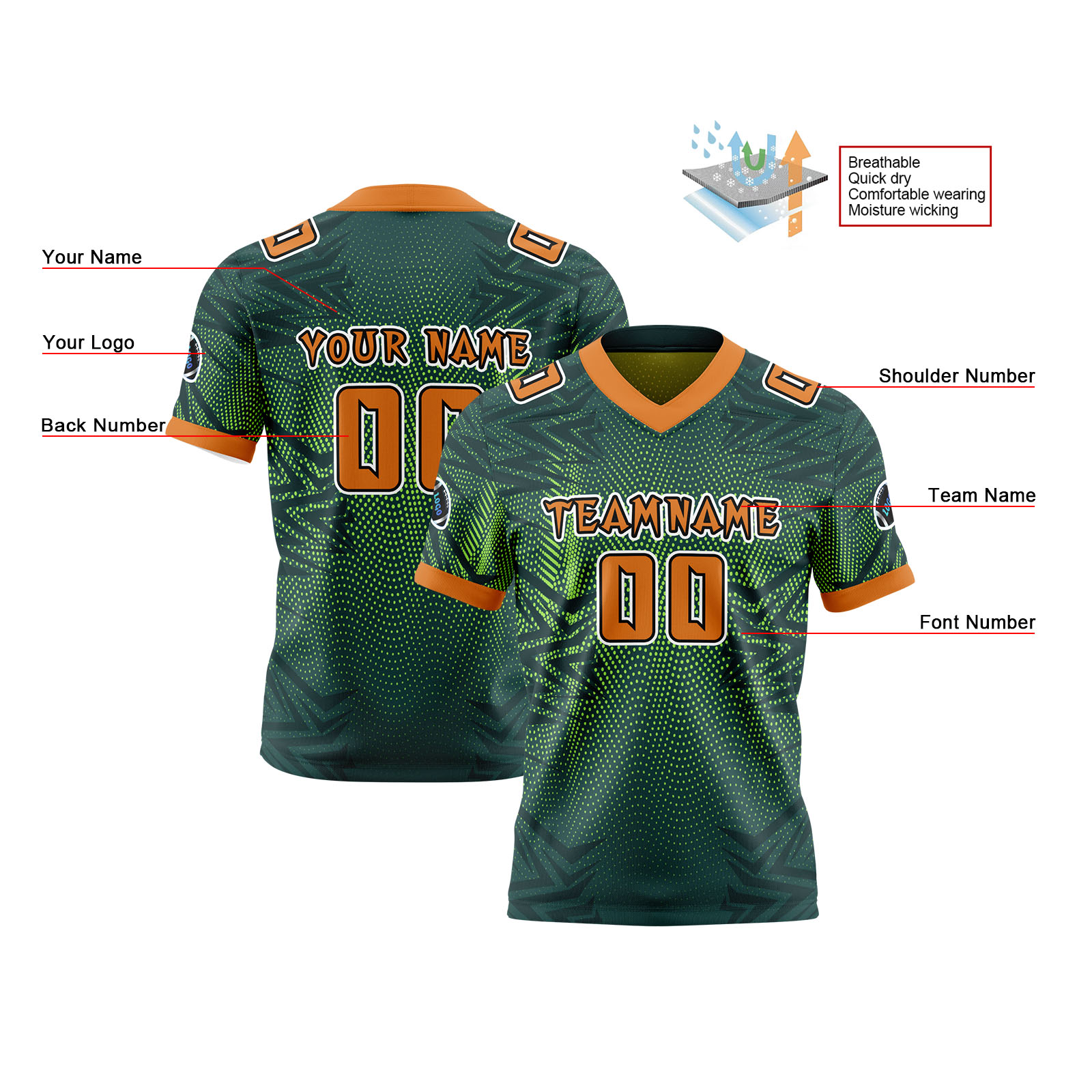 Custom Green Orange Reversible Football Jersey Personalized Gradient Football Shirts for Men Printed Team Name Number Logo