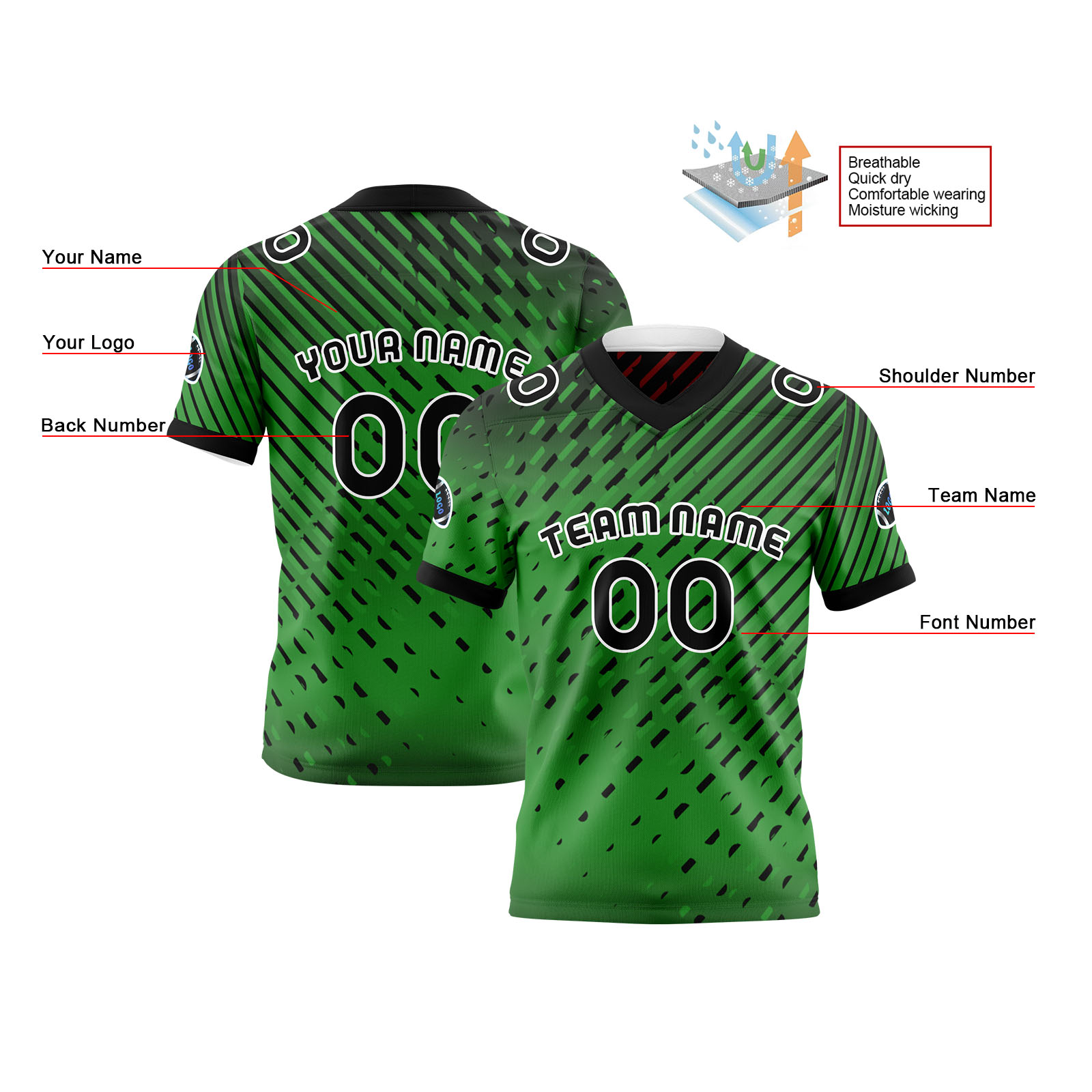 Custom Green Red Reversible Football Jersey Personalized Gradient Football Shirts for Men Printed Team Name Number Logo