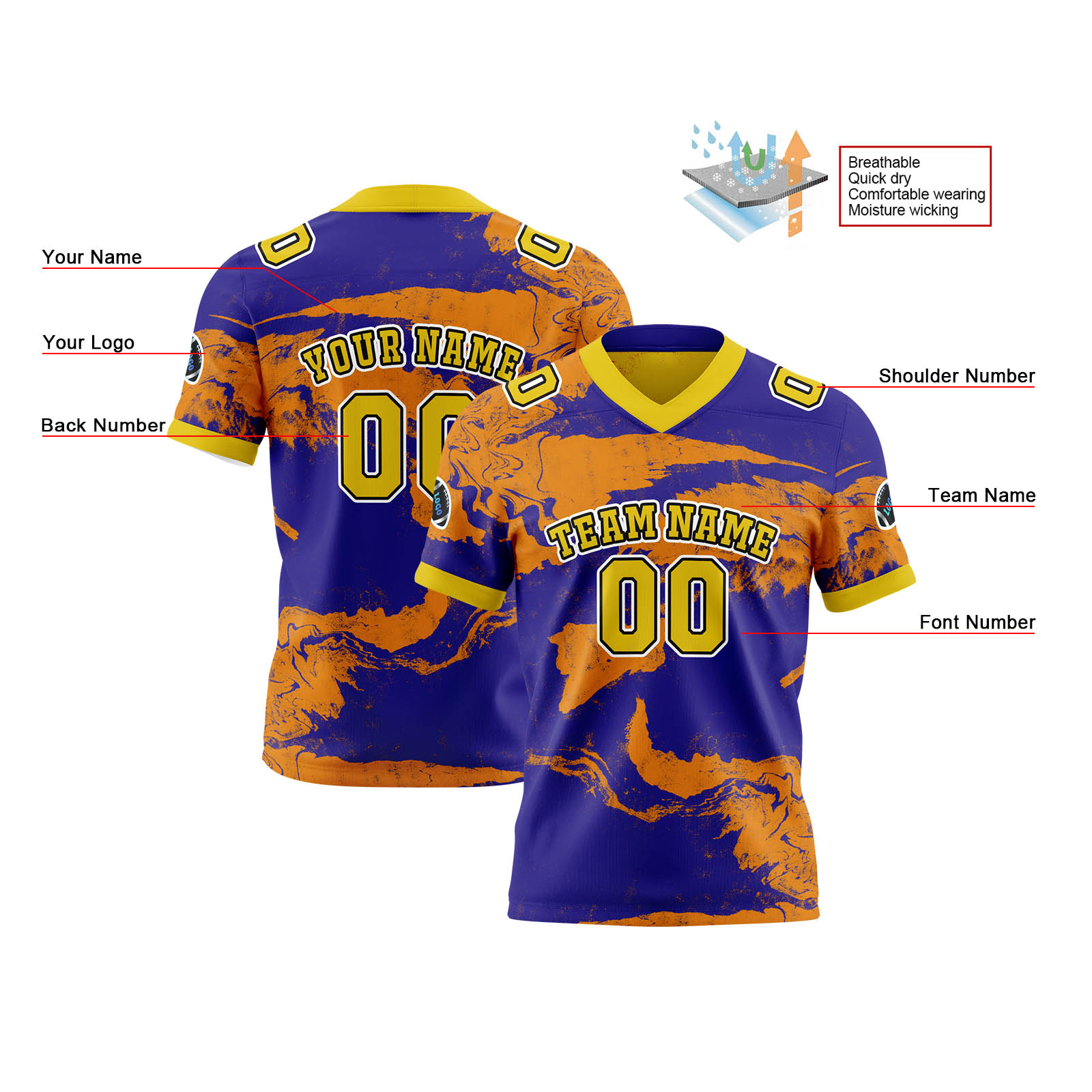 Custom Blue Orange Reversible Football Jersey Personalized Gradient Football Shirts for Men Printed Team Name Number Logo