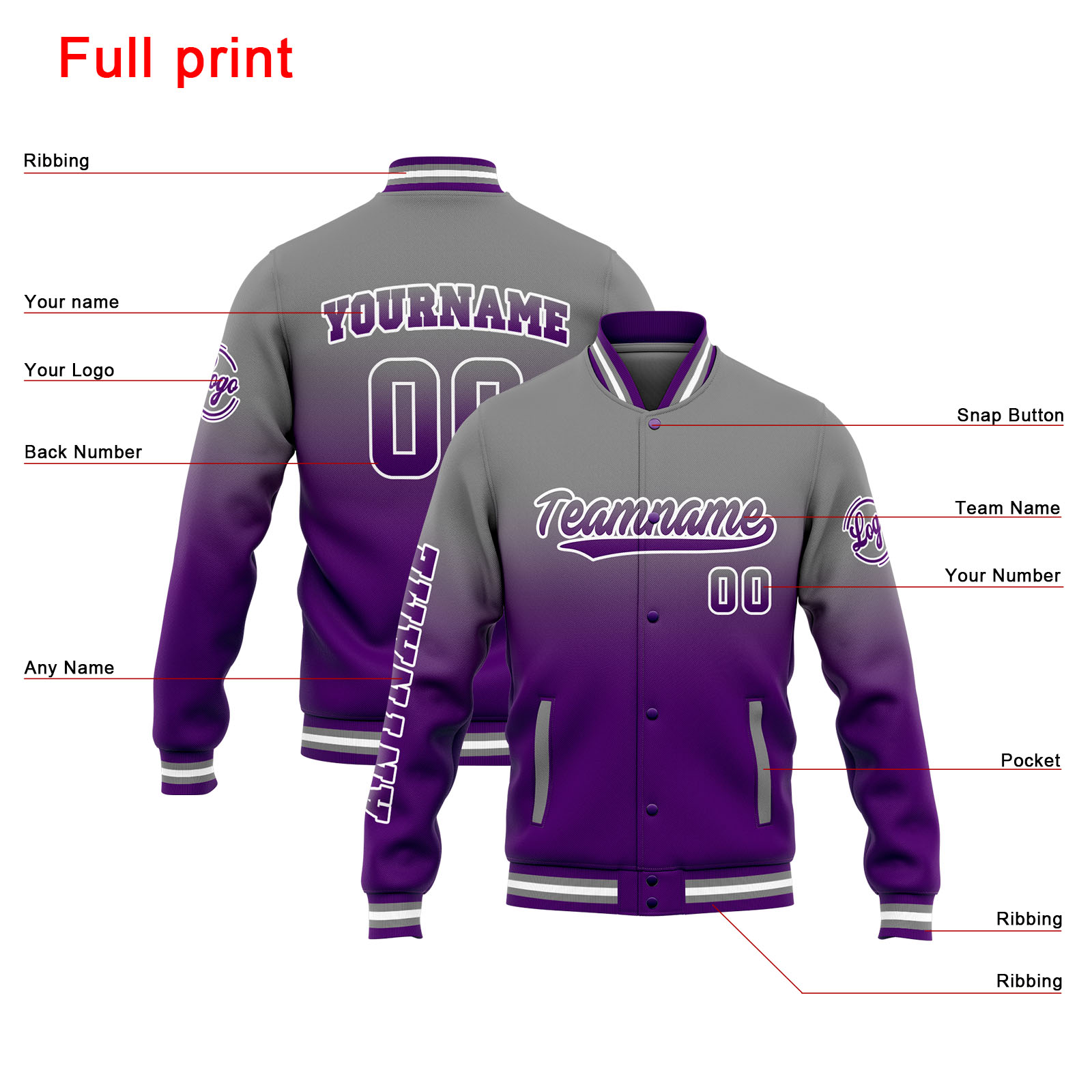 Custom Grey Purple Gradient Varsity Jacket for Men Women and Youth with Personalized Letterman Jacket 