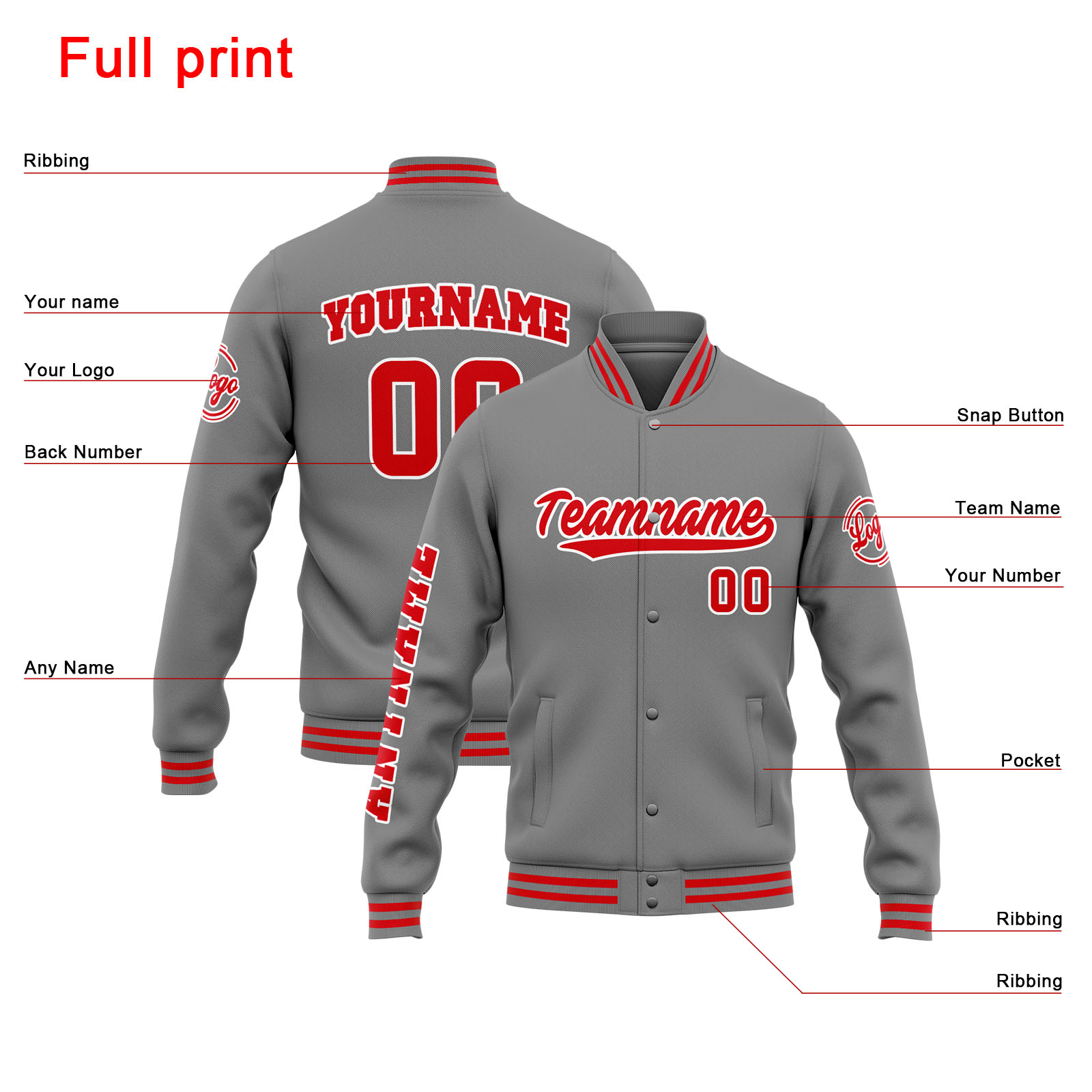 Custom Grey Red Varsity Jacket for Men Women and Youth with Personalized Letterman Jacket 