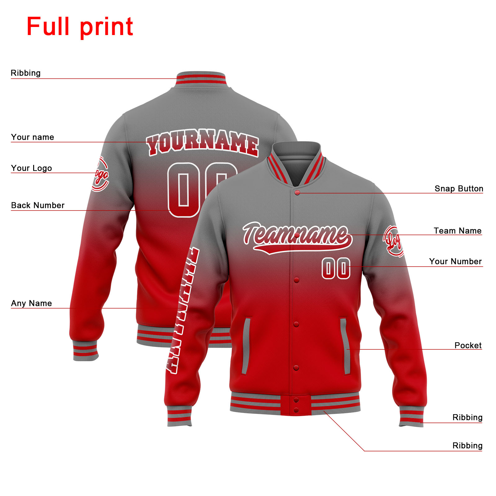 Custom Grey Red Gradient Varsity Jacket for Men Women and Youth with Personalized Letterman Jacket 