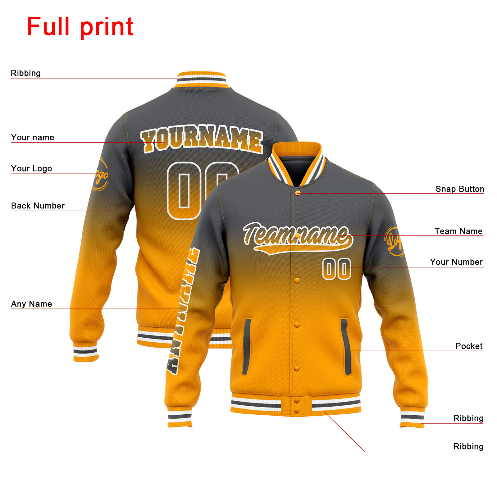 Custom Grey Yellow Gradient Varsity Jacket for Men Women and Youth with Personalized Letterman Jacket 