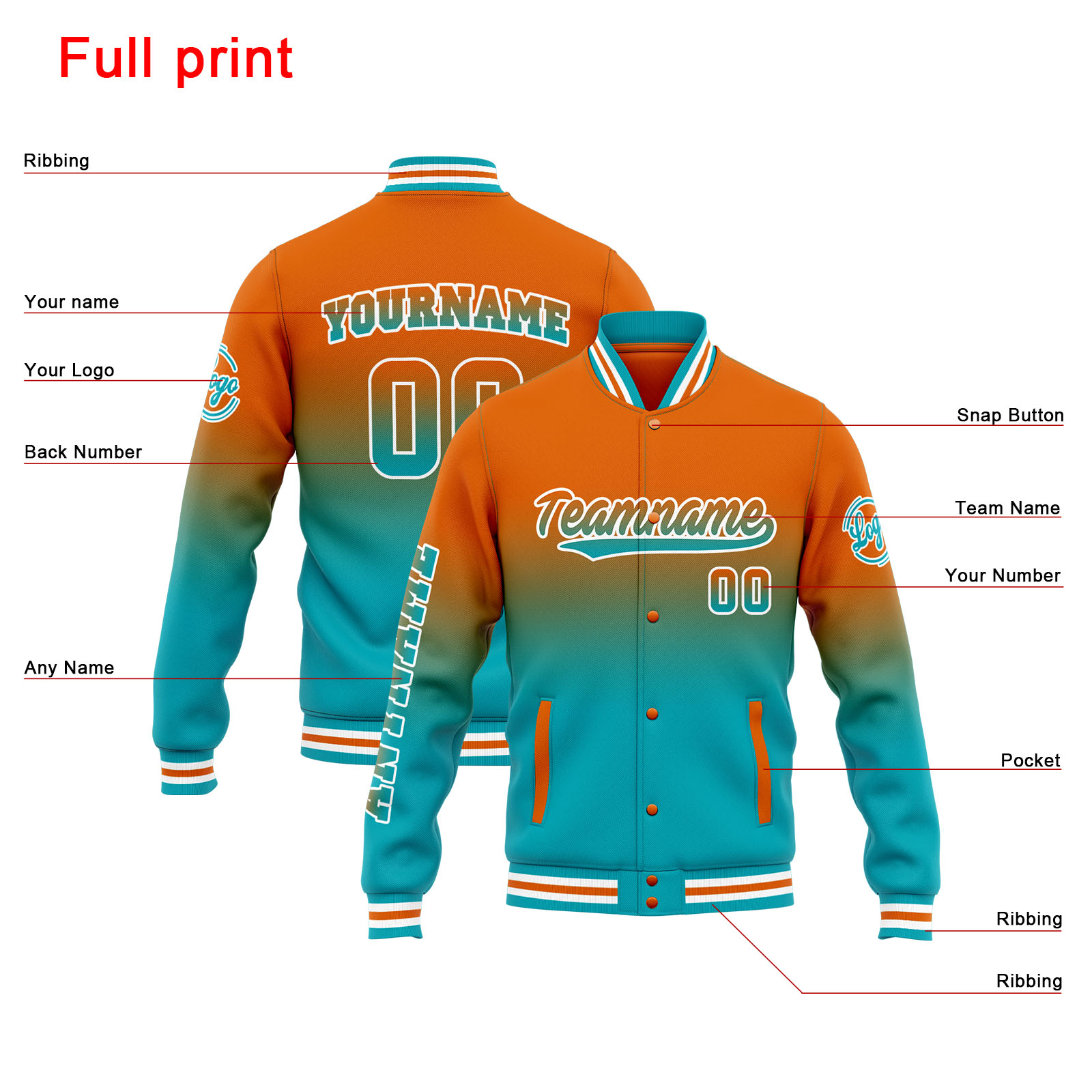 Custom Orange Teal Gradient Varsity Jacket for Men Women and Youth with Personalized Letterman Jacket 