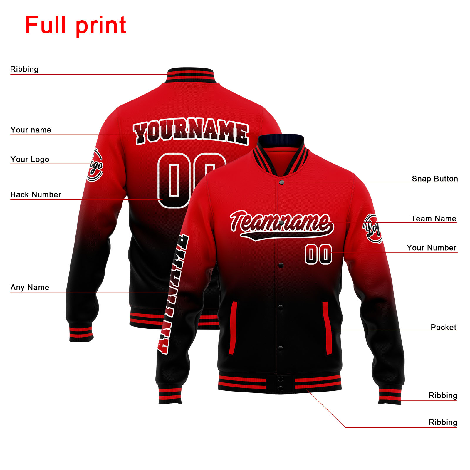 Custom Red Black Gradient Varsity Jacket for Men Women and Youth with Personalized Letterman Jacket 