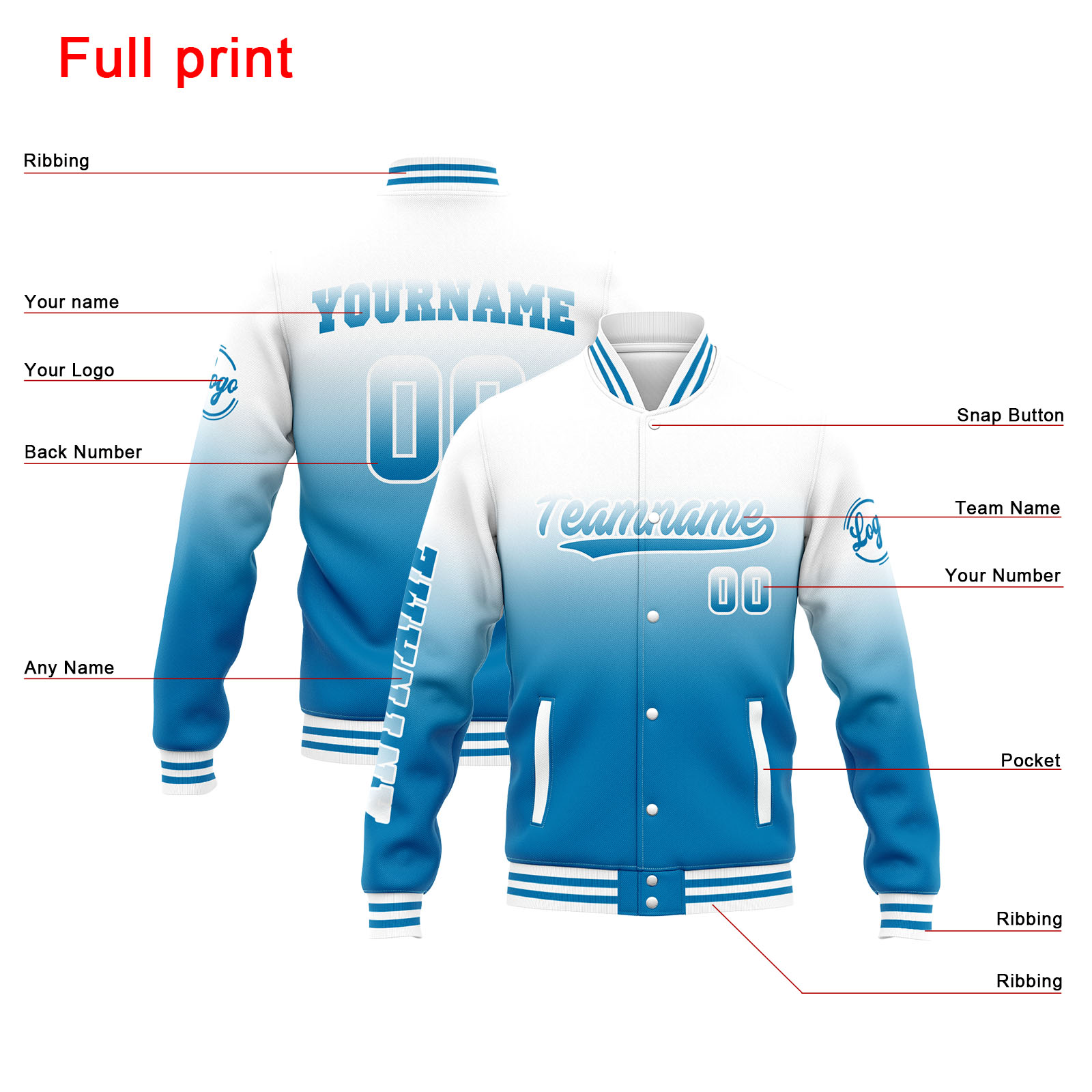 Custom White Blue Gradient Varsity Jacket for Men Women and Youth with Personalized Letterman Jacket 