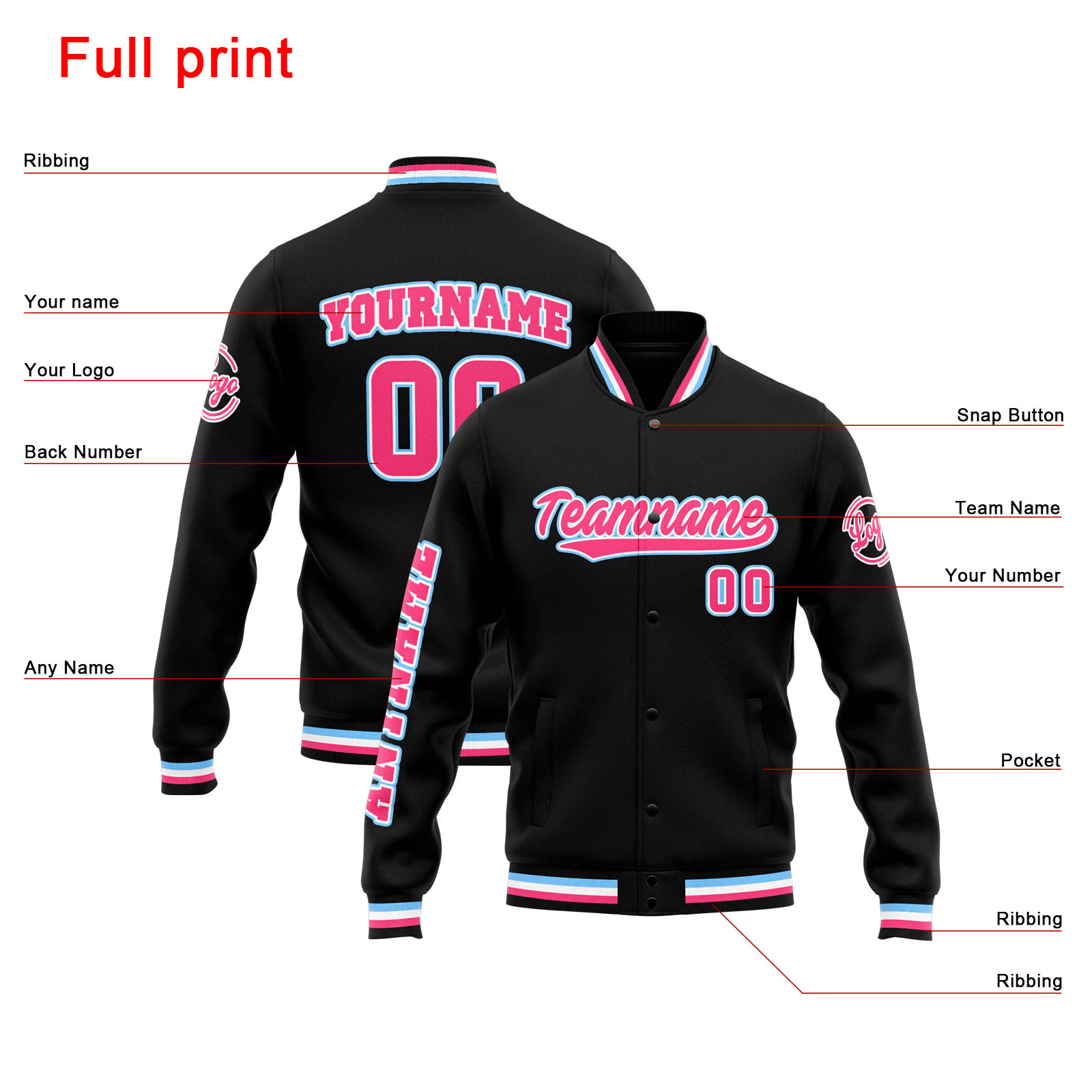 Custom Black Pink Varsity Jacket for Men Women and Youth with Personalized Letterman Jacket 